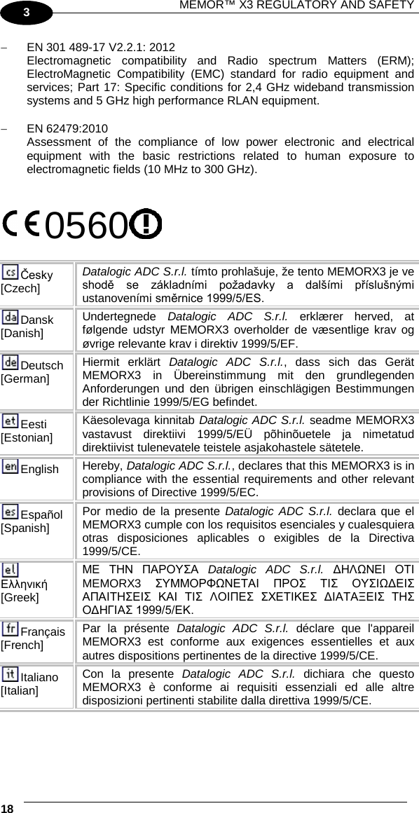 MEMOR™ X3 REGULATORY AND SAFETY   18   3 − EN 301 489-17 V2.2.1: 2012 Electromagnetic compatibility and Radio spectrum Matters (ERM); ElectroMagnetic Compatibility (EMC) standard for radio equipment and services; Part 17: Specific conditions for 2,4 GHz wideband transmission systems and 5 GHz high performance RLAN equipment.  − EN 62479:2010 Assessment of the compliance of low power electronic and electrical equipment with the basic restrictions related to human exposure to electromagnetic fields (10 MHz to 300 GHz).   0560   Česky [Czech] Datalogic ADC S.r.l. tímto prohlašuje, že tento MEMORX3 je ve shodě  se  základními  požadavky  a  dalšími  příslušnými ustanoveními směrnice 1999/5/ES. Dansk [Danish] Undertegnede  Datalogic ADC S.r.l. erklærer herved, at følgende udstyr MEMORX3  overholder de væsentlige krav og øvrige relevante krav i direktiv 1999/5/EF. Deutsch [German] Hiermit erklärt Datalogic ADC S.r.l., dass sich das Gerät MEMORX3 in Übereinstimmung mit den grundlegenden Anforderungen und den übrigen einschlägigen Bestimmungen der Richtlinie 1999/5/EG befindet. Eesti [Estonian] Käesolevaga kinnitab Datalogic ADC S.r.l. seadme MEMORX3 vastavust direktiivi 1999/5/EÜ põhinõuetele ja nimetatud direktiivist tulenevatele teistele asjakohastele sätetele. English Hereby, Datalogic ADC S.r.l., declares that this MEMORX3 is in compliance with the essential requirements and other relevant provisions of Directive 1999/5/EC. Español [Spanish] Por medio de la presente Datalogic ADC S.r.l. declara que el MEMORX3 cumple con los requisitos esenciales y cualesquiera otras disposiciones aplicables o exigibles de la Directiva 1999/5/CE. Ελληνική [Greek] ΜΕ  ΤΗΝ  ΠΑΡΟΥΣΑ Datalogic ADC S.r.l. ΔΗΛΩΝΕΙ  ΟΤΙ MEMORX3  ΣΥΜΜΟΡΦΩΝΕΤΑΙ  ΠΡΟΣ  ΤΙΣ  ΟΥΣΙΩΔΕΙΣ ΑΠΑΙΤΗΣΕΙΣ  ΚΑΙ  ΤΙΣ  ΛΟΙΠΕΣ  ΣΧΕΤΙΚΕΣ  ΔΙΑΤΑΞΕΙΣ  ΤΗΣ ΟΔΗΓΙΑΣ 1999/5/ΕΚ. Français [French] Par la présente Datalogic ADC S.r.l. déclare que l&apos;appareil MEMORX3 est conforme aux exigences essentielles et aux autres dispositions pertinentes de la directive 1999/5/CE. Italiano [Italian] Con la presente Datalogic ADC S.r.l. dichiara che questo MEMORX3 è conforme ai requisiti essenziali ed alle altre disposizioni pertinenti stabilite dalla direttiva 1999/5/CE. 
