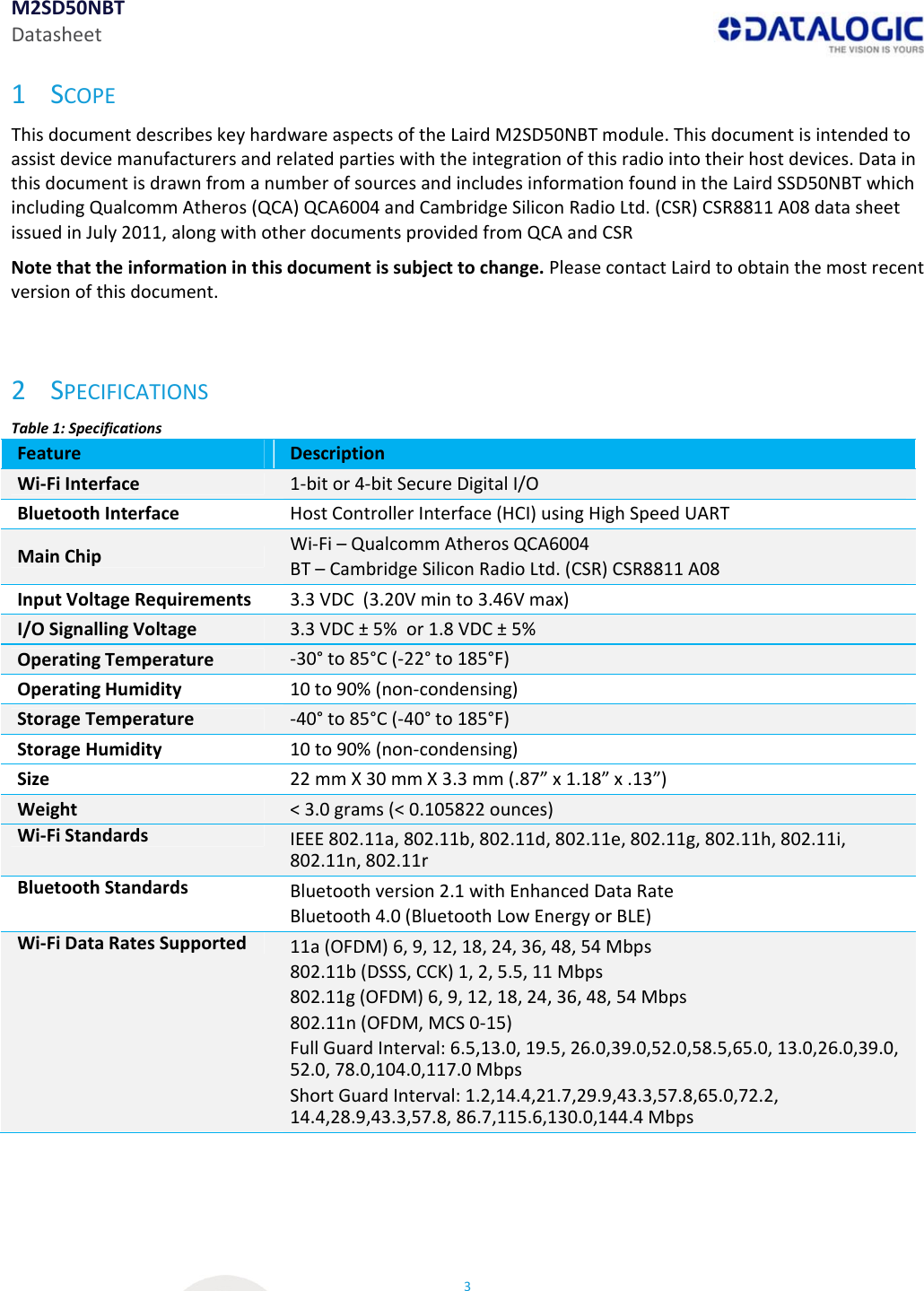 M2SD50NBTDatasheet31 SCOPEThisdocumentdescribeskeyhardwareaspectsoftheLairdM2SD50NBTmodule.Thisdocumentisintendedtoassistdevicemanufacturersandrelatedpartieswiththeintegrationofthisradiointotheirhostdevices.DatainthisdocumentisdrawnfromanumberofsourcesandincludesinformationfoundintheLairdSSD50NBTwhichincludingQualcommAtheros(QCA)QCA6004andCambridgeSiliconRadioLtd.(CSR)CSR8811A08datasheetissuedinJuly2011,alongwithotherdocumentsprovidedfromQCAandCSRNotethattheinformationinthisdocumentissubjecttochange.PleasecontactLairdtoobtainthemostrecentversionofthisdocument.2 SPECIFICATIONSTable1:SpecificationsFeatureDescriptionWi‐FiInterface1‐bitor4‐bitSecureDigitalI/OBluetoothInterfaceHostControllerInterface(HCI)usingHighSpeedUARTMainChip Wi‐Fi–QualcommAtherosQCA6004BT–CambridgeSiliconRadioLtd.(CSR)CSR8811A08InputVoltageRequirements3.3VDC(3.20Vminto3.46Vmax)I/OSignallingVoltage3.3VDC±5%or1.8VDC±5%OperatingTemperature‐30°to85°C(‐22°to185°F)OperatingHumidity10to90%(non‐condensing)StorageTemperature‐40°to85°C(‐40°to185°F)StorageHumidity10to90%(non‐condensing)Size22mmX30mmX3.3mm(.87”x1.18”x.13”)Weight&lt;3.0grams(&lt;0.105822ounces)Wi‐FiStandardsIEEE802.11a,802.11b,802.11d,802.11e,802.11g,802.11h,802.11i,802.11n,802.11rBluetoothStandardsBluetoothversion2.1withEnhancedDataRateBluetooth4.0(BluetoothLowEnergyorBLE)Wi‐FiDataRatesSupported 11a(OFDM)6,9,12,18,24,36,48,54Mbps802.11b(DSSS,CCK)1,2,5.5,11Mbps802.11g(OFDM)6,9,12,18,24,36,48,54Mbps802.11n(OFDM,MCS0‐15)FullGuardInterval:6.5,13.0,19.5,26.0,39.0,52.0,58.5,65.0,13.0,26.0,39.0,52.0,78.0,104.0,117.0MbpsShortGuardInterval:1.2,14.4,21.7,29.9,43.3,57.8,65.0,72.2,14.4,28.9,43.3,57.8,86.7,115.6,130.0,144.4Mbps