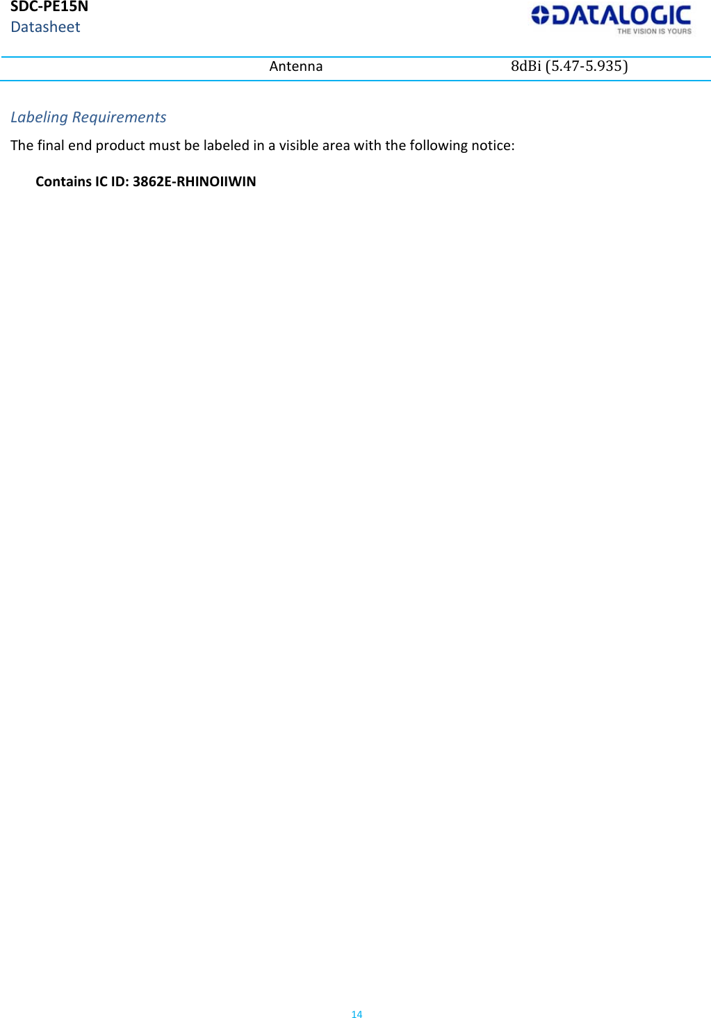 SDC‐PE15NDatasheet14Antenna 8dBi(5.47‐5.935)LabelingRequirementsThefinalendproductmustbelabeledinavisibleareawiththefollowingnotice:ContainsICID:3862E‐RHINOIIWIN