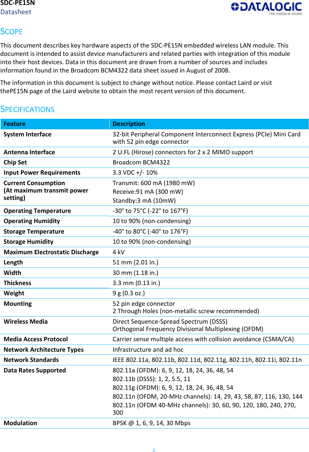 SDC‐PE15NDatasheet3SCOPEThisdocumentdescribeskeyhardwareaspectsoftheSDC‐PE15NembeddedwirelessLANmodule.Thisdocumentisintendedtoassistdevicemanufacturersandrelatedpartieswithintegrationofthismoduleintotheirhostdevices.DatainthisdocumentaredrawnfromanumberofsourcesandincludesinformationfoundintheBroadcomBCM4322datasheetissuedinAugustof2008.Theinformationinthisdocumentissubjecttochangewithoutnotice.PleasecontactLairdorvisitthePE15NpageoftheLairdwebsitetoobtainthemostrecentversionofthisdocument.SPECIFICATIONSFeatureDescriptionSystemInterface32‐bitPeripheralComponentInterconnectExpress(PCIe)MiniCardwith52pinedgeconnectorAntennaInterface2U.FL(Hirose)connectorsfor2x2MIMOsupportChipSetBroadcomBCM4322InputPowerRequirements3.3VDC+/‐10%CurrentConsumption(Atmaximumtransmitpowersetting)Transmit:600mA(1980mW)Receive:91mA(300mW)Standby:3mA(10mW)OperatingTemperature‐30°to75°C(‐22°to167°F)OperatingHumidity10to90%(non‐condensing)StorageTemperature‐40°to80°C(‐40°to176°F)StorageHumidity10to90%(non‐condensing)MaximumElectrostaticDischarge4kVLength51mm(2.01in.)Width30mm(1.18in.)Thickness3.3mm(0.13in.)Weight9g(0.3oz.)Mounting52pinedgeconnector2ThroughHoles(non‐metallicscrewrecommended)WirelessMediaDirectSequence‐SpreadSpectrum(DSSS)OrthogonalFrequencyDivisionalMultiplexing(OFDM)MediaAccessProtocolCarriersensemultipleaccesswithcollisionavoidance(CSMA/CA)NetworkArchitectureTypesInfrastructureandadhocNetworkStandardsIEEE802.11a,802.11b,802.11d,802.11g,802.11h,802.11i,802.11nDataRatesSupported802.11a(OFDM):6,9,12,18,24,36,48,54802.11b(DSSS):1,2,5.5,11802.11g(OFDM):6,9,12,18,24,36,48,54802.11n(OFDM,20‐MHzchannels):14,29,43,58,87,116,130,144802.11n(OFDM40‐MHzchannels):30,60,90,120,180,240,270,300ModulationBPSK@1,6,9,14,30Mbps