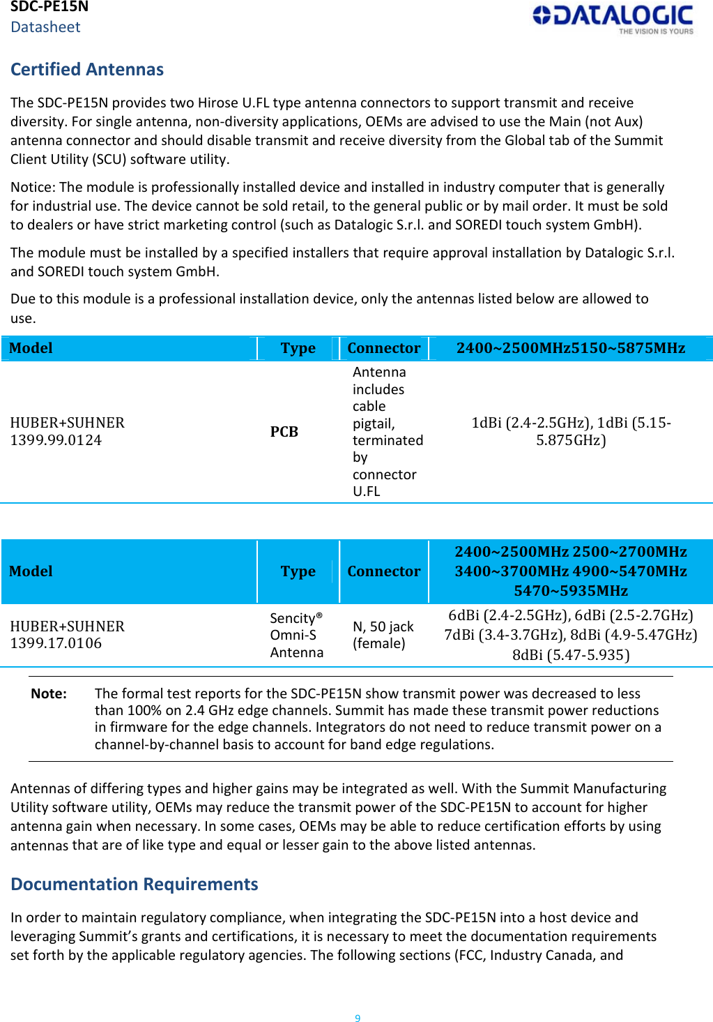SDC‐PE15NDatasheet9CertifiedAntennasTheSDC‐PE15NprovidestwoHiroseU.FLtypeantennaconnectorstosupporttransmitandreceivediversity.Forsingleantenna,non‐diversityapplications,OEMsareadvisedtousetheMain(notAux)antennaconnectorandshoulddisabletransmitandreceivediversityfromtheGlobaltaboftheSummitClientUtility(SCU)softwareutility.Notice:Themoduleisprofessionallyinstalleddeviceandinstalledinindustrycomputerthatisgenerallyforindustrialuse.Thedevicecannotbesoldretail,tothegeneralpublicorbymailorder.Itmustbesoldtodealersorhavestrictmarketingcontrol(suchasDatalogicS.r.l.andSOREDItouchsystemGmbH).ThemodulemustbeinstalledbyaspecifiedinstallersthatrequireapprovalinstallationbyDatalogicS.r.l.andSOREDItouchsystemGmbH.Duetothismoduleisaprofessionalinstallationdevice,onlytheantennaslistedbelowareallowedtouse.ModelTypeConnector2400~2500MHz5150~5875MHzHUBER+SUHNER1399.99.0124 PCBAntennaincludescablepigtail,terminatedbyconnectorU.FL1dBi(2.4‐2.5GHz),1dBi(5.15‐5.875GHz)ModelTypeConnector2400~2500MHz2500~2700MHz3400~3700MHz4900~5470MHz5470~5935MHzHUBER+SUHNER1399.17.0106Sencity®Omni‐SAntennaN,50jack(female)6dBi(2.4‐2.5GHz),6dBi(2.5‐2.7GHz)7dBi(3.4‐3.7GHz),8dBi(4.9‐5.47GHz)8dBi(5.47‐5.935)Note:TheformaltestreportsfortheSDC‐PE15Nshowtransmitpowerwasdecreasedtolessthan100%on2.4GHzedgechannels.Summithasmadethesetransmitpowerreductionsinfirmwarefortheedgechannels.Integratorsdonotneedtoreducetransmitpoweronachannel‐by‐channelbasistoaccountforbandedgeregulations.Antennasofdifferingtypesandhighergainsmaybeintegratedaswell.WiththeSummitManufacturingUtilitysoftwareutility,OEMsmayreducethetransmitpoweroftheSDC‐PE15Ntoaccountforhigherantennagainwhennecessary.Insomecases,OEMsmaybeabletoreducecertificationeffortsbyusingantennasthatareofliketypeandequalorlessergaintotheabovelistedantennas.DocumentationRequirementsInordertomaintainregulatorycompliance,whenintegratingtheSDC‐PE15NintoahostdeviceandleveragingSummit’sgrantsandcertifications,itisnecessarytomeetthedocumentationrequirementssetforthbytheapplicableregulatoryagencies.Thefollowingsections(FCC,IndustryCanada,and