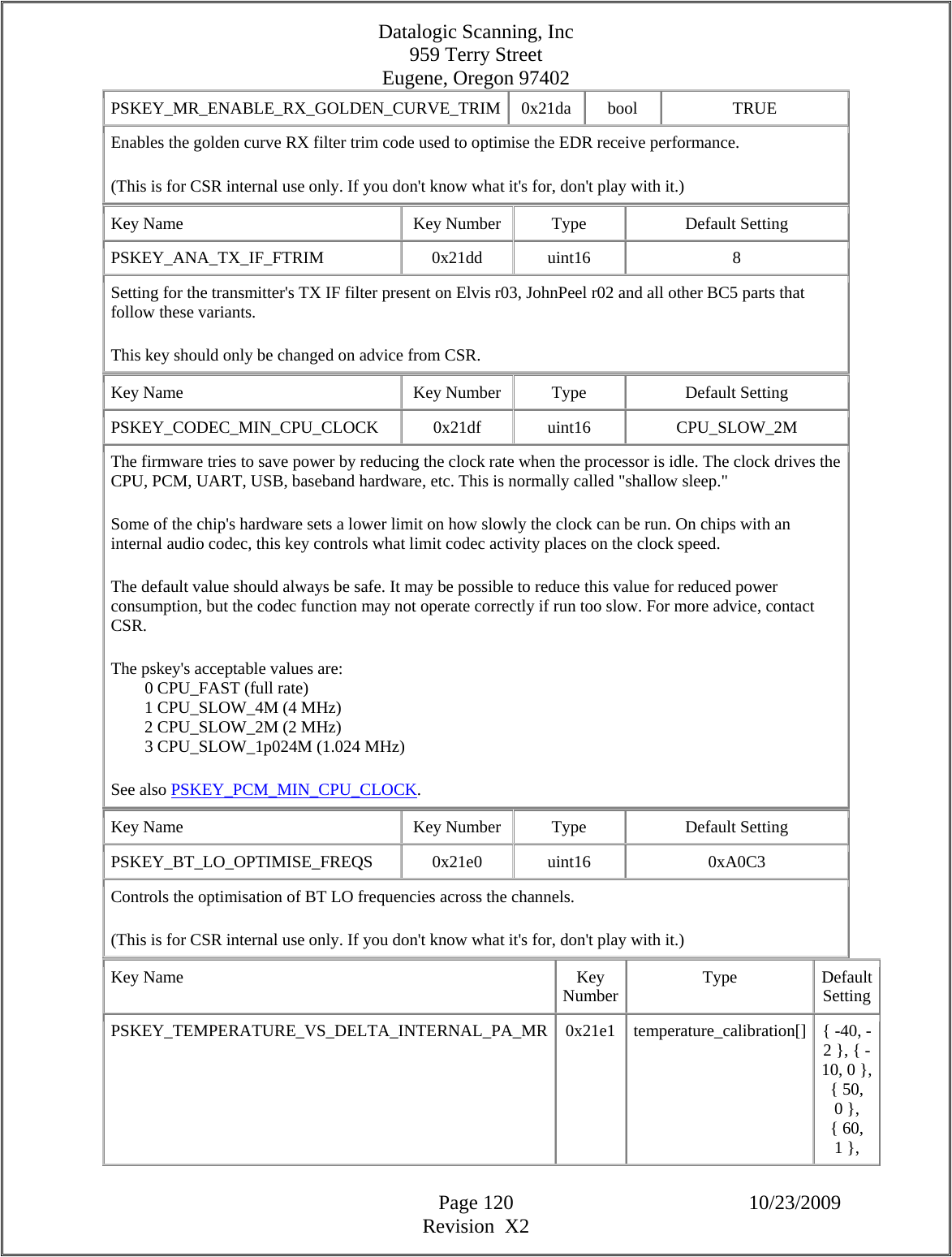 Datalogic Scanning, Inc 959 Terry Street Eugene, Oregon 97402  Page 120 10/23/2009 Revision  X2 PSKEY_MR_ENABLE_RX_GOLDEN_CURVE_TRIM 0x21da  bool  TRUE Enables the golden curve RX filter trim code used to optimise the EDR receive performance.  (This is for CSR internal use only. If you don&apos;t know what it&apos;s for, don&apos;t play with it.)  Key Name  Key Number  Type  Default Setting PSKEY_ANA_TX_IF_FTRIM   0x21dd  uint16  8 Setting for the transmitter&apos;s TX IF filter present on Elvis r03, JohnPeel r02 and all other BC5 parts that follow these variants.  This key should only be changed on advice from CSR.  Key Name  Key Number  Type  Default Setting PSKEY_CODEC_MIN_CPU_CLOCK   0x21df  uint16  CPU_SLOW_2M The firmware tries to save power by reducing the clock rate when the processor is idle. The clock drives the CPU, PCM, UART, USB, baseband hardware, etc. This is normally called &quot;shallow sleep.&quot;  Some of the chip&apos;s hardware sets a lower limit on how slowly the clock can be run. On chips with an internal audio codec, this key controls what limit codec activity places on the clock speed.  The default value should always be safe. It may be possible to reduce this value for reduced power consumption, but the codec function may not operate correctly if run too slow. For more advice, contact CSR.  The pskey&apos;s acceptable values are:          0 CPU_FAST (full rate)          1 CPU_SLOW_4M (4 MHz)          2 CPU_SLOW_2M (2 MHz)          3 CPU_SLOW_1p024M (1.024 MHz)  See also PSKEY_PCM_MIN_CPU_CLOCK.  Key Name  Key Number  Type  Default Setting PSKEY_BT_LO_OPTIMISE_FREQS  0x21e0  uint16  0xA0C3 Controls the optimisation of BT LO frequencies across the channels.  (This is for CSR internal use only. If you don&apos;t know what it&apos;s for, don&apos;t play with it.)  Key Name  Key Number Type Default Setting PSKEY_TEMPERATURE_VS_DELTA_INTERNAL_PA_MR 0x21e1  temperature_calibration[] { -40, -2 }, { -10, 0 }, { 50, 0 }, { 60, 1 }, 