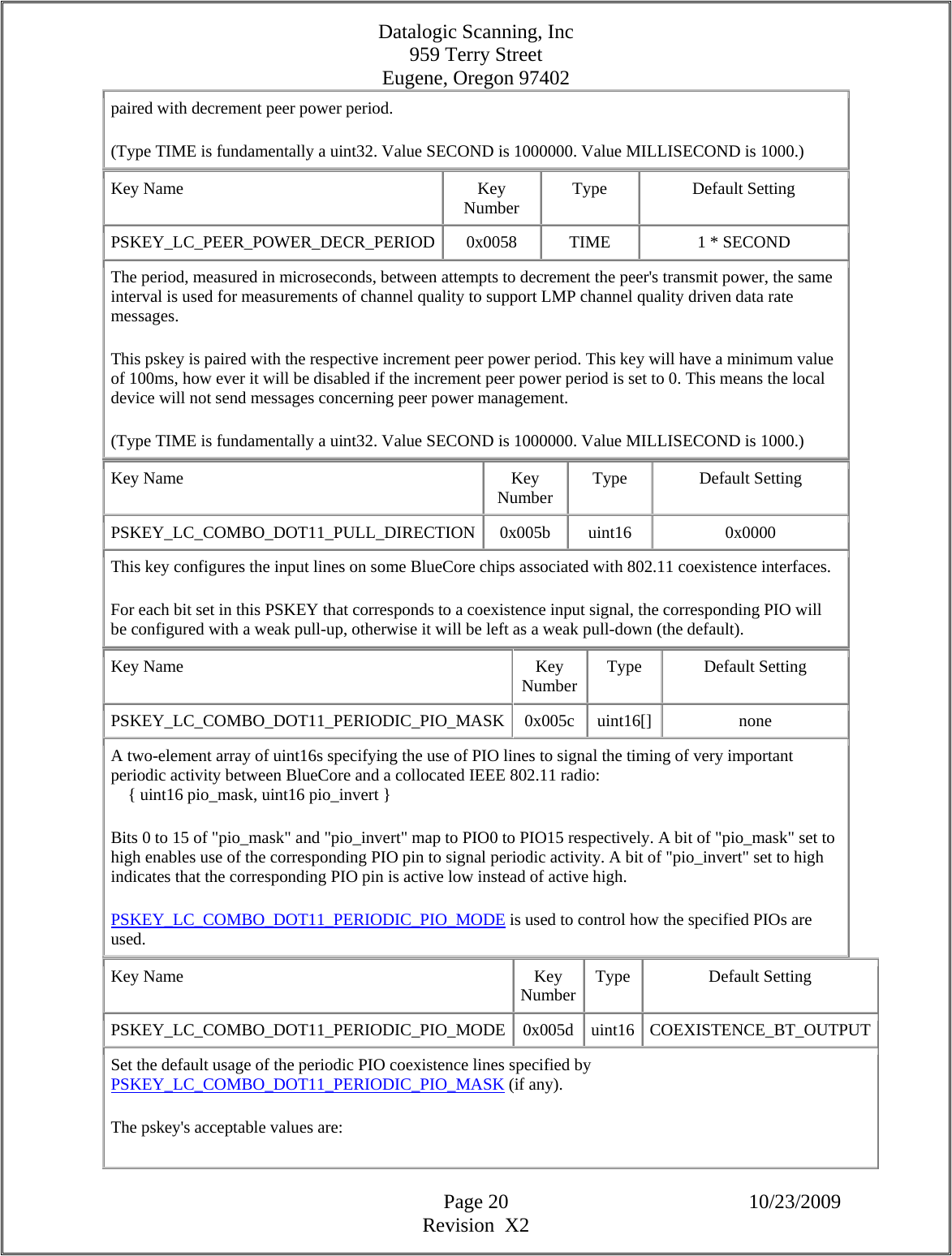 Datalogic Scanning, Inc 959 Terry Street Eugene, Oregon 97402  Page 20 10/23/2009 Revision  X2 paired with decrement peer power period.  (Type TIME is fundamentally a uint32. Value SECOND is 1000000. Value MILLISECOND is 1000.)  Key Name  Key Number  Type Default Setting PSKEY_LC_PEER_POWER_DECR_PERIOD 0x0058  TIME  1 * SECOND The period, measured in microseconds, between attempts to decrement the peer&apos;s transmit power, the same interval is used for measurements of channel quality to support LMP channel quality driven data rate messages.  This pskey is paired with the respective increment peer power period. This key will have a minimum value of 100ms, how ever it will be disabled if the increment peer power period is set to 0. This means the local device will not send messages concerning peer power management.  (Type TIME is fundamentally a uint32. Value SECOND is 1000000. Value MILLISECOND is 1000.)  Key Name  Key Number  Type Default Setting PSKEY_LC_COMBO_DOT11_PULL_DIRECTION 0x005b  uint16  0x0000 This key configures the input lines on some BlueCore chips associated with 802.11 coexistence interfaces.  For each bit set in this PSKEY that corresponds to a coexistence input signal, the corresponding PIO will be configured with a weak pull-up, otherwise it will be left as a weak pull-down (the default).  Key Name  Key Number  Type Default Setting PSKEY_LC_COMBO_DOT11_PERIODIC_PIO_MASK 0x005c uint16[]  none A two-element array of uint16s specifying the use of PIO lines to signal the timing of very important periodic activity between BlueCore and a collocated IEEE 802.11 radio:      { uint16 pio_mask, uint16 pio_invert }  Bits 0 to 15 of &quot;pio_mask&quot; and &quot;pio_invert&quot; map to PIO0 to PIO15 respectively. A bit of &quot;pio_mask&quot; set to high enables use of the corresponding PIO pin to signal periodic activity. A bit of &quot;pio_invert&quot; set to high indicates that the corresponding PIO pin is active low instead of active high.  PSKEY_LC_COMBO_DOT11_PERIODIC_PIO_MODE is used to control how the specified PIOs are used.  Key Name  Key Number Type Default Setting PSKEY_LC_COMBO_DOT11_PERIODIC_PIO_MODE 0x005d uint16 COEXISTENCE_BT_OUTPUTSet the default usage of the periodic PIO coexistence lines specified by PSKEY_LC_COMBO_DOT11_PERIODIC_PIO_MASK (if any).  The pskey&apos;s acceptable values are:  