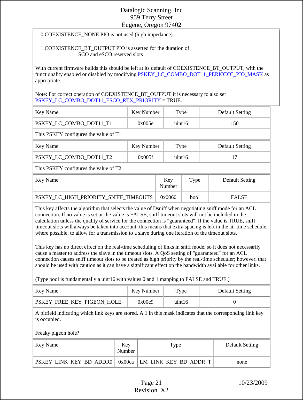 Datalogic Scanning, Inc 959 Terry Street Eugene, Oregon 97402  Page 21 10/23/2009 Revision  X2     0 COEXISTENCE_NONE PIO is not used (high impedance)      1 COEXISTENCE_BT_OUTPUT PIO is asserted for the duration of                                  SCO and eSCO reserved slots  With current firmware builds this should be left at its default of COEXISTENCE_BT_OUTPUT, with the functionality enabled or disabled by modifying PSKEY_LC_COMBO_DOT11_PERIODIC_PIO_MASK as appropriate.  Note: For correct operation of COEXISTENCE_BT_OUTPUT it is necessary to also set PSKEY_LC_COMBO_DOT11_ESCO_RTX_PRIORITY = TRUE.  Key Name  Key Number  Type  Default Setting PSKEY_LC_COMBO_DOT11_T1   0x005e  uint16  150 This PSKEY configures the value of T1  Key Name  Key Number  Type  Default Setting PSKEY_LC_COMBO_DOT11_T2   0x005f  uint16  17 This PSKEY configures the value of T2  Key Name  Key Number  Type Default Setting PSKEY_LC_HIGH_PRIORITY_SNIFF_TIMEOUTS 0x0060  bool  FALSE This key affects the algorithm that selects the value of Dsniff when negotiating sniff mode for an ACL connection. If no value is set or the value is FALSE, sniff timeout slots will not be included in the calculation unless the quality of service for the connection is &quot;guaranteed&quot;. If the value is TRUE, sniff timeout slots will always be taken into account: this means that extra spacing is left in the air time schedule, where possible, to allow for a transmission to a slave during one iteration of the timeout slots.  This key has no direct effect on the real-time scheduling of links in sniff mode, so it does not necessarily cause a master to address the slave in the timeout slots. A QoS setting of &quot;guaranteed&quot; for an ACL connection causes sniff timeout slots to be treated as high priority by the real-time scheduler; however, that should be used with caution as it can have a significant effect on the bandwidth available for other links.  (Type bool is fundamentally a uint16 with values 0 and 1 mapping to FALSE and TRUE.)  Key Name  Key Number  Type  Default Setting PSKEY_FREE_KEY_PIGEON_HOLE   0x00c9  uint16  0 A bitfield indicating which link keys are stored. A 1 in this mask indicates that the corresponding link key is occupied.  Freaky pigeon hole?  Key Name  Key Number Type Default Setting PSKEY_LINK_KEY_BD_ADDR0   0x00ca  LM_LINK_KEY_BD_ADDR_T none 