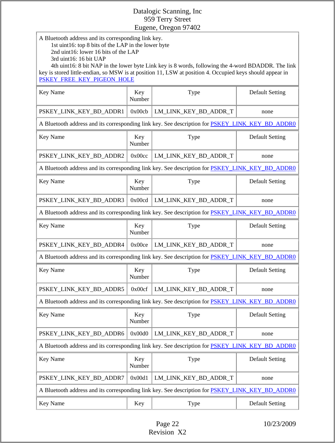 Datalogic Scanning, Inc 959 Terry Street Eugene, Oregon 97402  Page 22 10/23/2009 Revision  X2 A Bluetooth address and its corresponding link key.          1st uint16: top 8 bits of the LAP in the lower byte          2nd uint16: lower 16 bits of the LAP          3rd uint16: 16 bit UAP          4th uint16: 8 bit NAP in the lower byte Link key is 8 words, following the 4-word BDADDR. The link key is stored little-endian, so MSW is at position 11, LSW at position 4. Occupied keys should appear in PSKEY_FREE_KEY_PIGEON_HOLE  Key Name  Key Number Type Default Setting PSKEY_LINK_KEY_BD_ADDR1   0x00cb  LM_LINK_KEY_BD_ADDR_T none A Bluetooth address and its corresponding link key. See description for PSKEY_LINK_KEY_BD_ADDR0 Key Name  Key Number Type Default Setting PSKEY_LINK_KEY_BD_ADDR2   0x00cc  LM_LINK_KEY_BD_ADDR_T none A Bluetooth address and its corresponding link key. See description for PSKEY_LINK_KEY_BD_ADDR0 Key Name  Key Number Type Default Setting PSKEY_LINK_KEY_BD_ADDR3   0x00cd  LM_LINK_KEY_BD_ADDR_T none A Bluetooth address and its corresponding link key. See description for PSKEY_LINK_KEY_BD_ADDR0 Key Name  Key Number Type Default Setting PSKEY_LINK_KEY_BD_ADDR4   0x00ce  LM_LINK_KEY_BD_ADDR_T none A Bluetooth address and its corresponding link key. See description for PSKEY_LINK_KEY_BD_ADDR0 Key Name  Key Number Type Default Setting PSKEY_LINK_KEY_BD_ADDR5   0x00cf  LM_LINK_KEY_BD_ADDR_T none A Bluetooth address and its corresponding link key. See description for PSKEY_LINK_KEY_BD_ADDR0 Key Name  Key Number Type Default Setting PSKEY_LINK_KEY_BD_ADDR6   0x00d0  LM_LINK_KEY_BD_ADDR_T none A Bluetooth address and its corresponding link key. See description for PSKEY_LINK_KEY_BD_ADDR0 Key Name  Key Number Type Default Setting PSKEY_LINK_KEY_BD_ADDR7   0x00d1  LM_LINK_KEY_BD_ADDR_T none A Bluetooth address and its corresponding link key. See description for PSKEY_LINK_KEY_BD_ADDR0 Key Name  Key  Type  Default Setting 