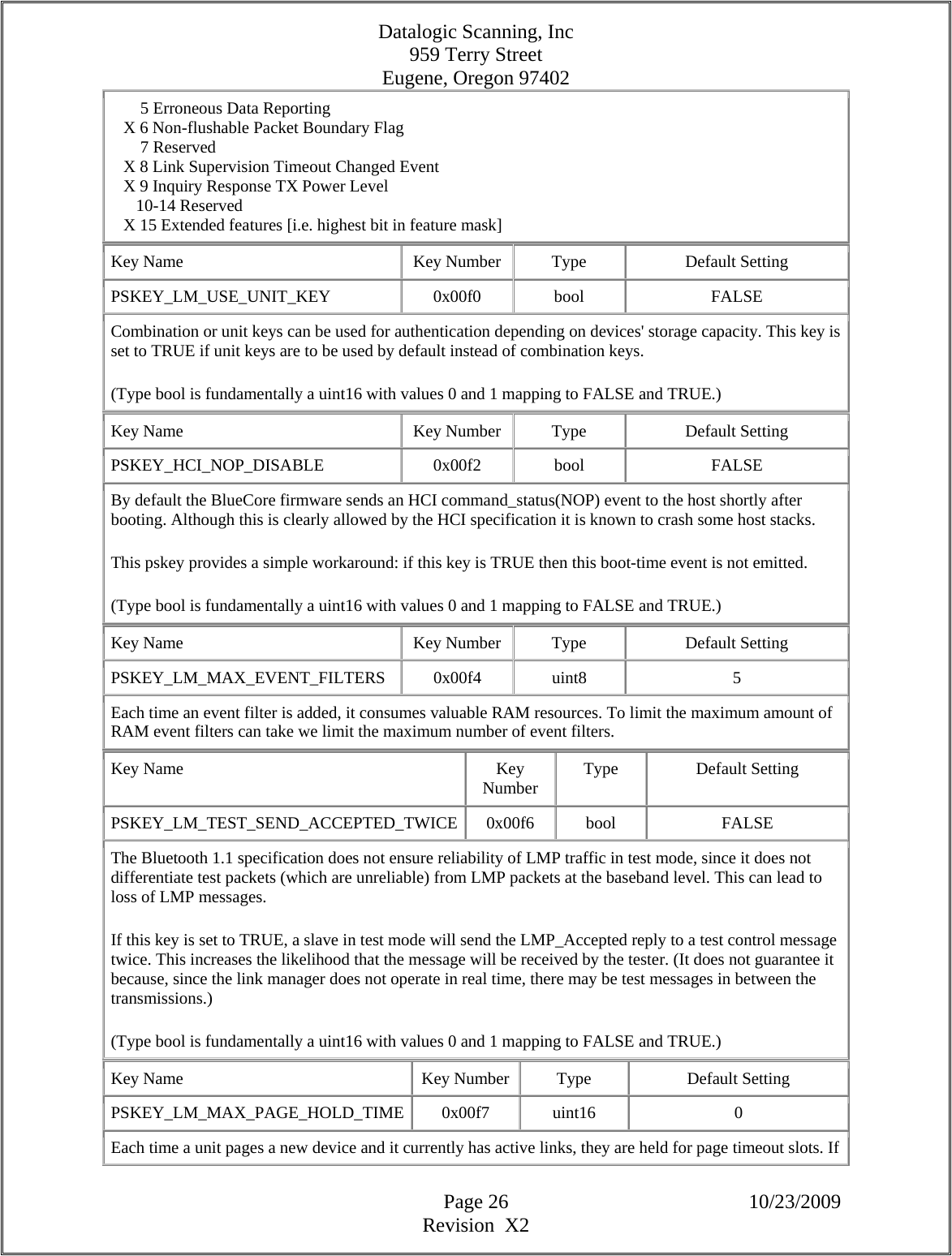 Datalogic Scanning, Inc 959 Terry Street Eugene, Oregon 97402  Page 26 10/23/2009 Revision  X2        5 Erroneous Data Reporting     X 6 Non-flushable Packet Boundary Flag         7 Reserved     X 8 Link Supervision Timeout Changed Event     X 9 Inquiry Response TX Power Level        10-14 Reserved     X 15 Extended features [i.e. highest bit in feature mask]  Key Name  Key Number  Type  Default Setting PSKEY_LM_USE_UNIT_KEY   0x00f0  bool  FALSE Combination or unit keys can be used for authentication depending on devices&apos; storage capacity. This key is set to TRUE if unit keys are to be used by default instead of combination keys.  (Type bool is fundamentally a uint16 with values 0 and 1 mapping to FALSE and TRUE.)  Key Name  Key Number  Type  Default Setting PSKEY_HCI_NOP_DISABLE   0x00f2  bool  FALSE By default the BlueCore firmware sends an HCI command_status(NOP) event to the host shortly after booting. Although this is clearly allowed by the HCI specification it is known to crash some host stacks.  This pskey provides a simple workaround: if this key is TRUE then this boot-time event is not emitted.  (Type bool is fundamentally a uint16 with values 0 and 1 mapping to FALSE and TRUE.)  Key Name  Key Number  Type  Default Setting PSKEY_LM_MAX_EVENT_FILTERS   0x00f4  uint8  5 Each time an event filter is added, it consumes valuable RAM resources. To limit the maximum amount of RAM event filters can take we limit the maximum number of event filters.  Key Name  Key Number  Type Default Setting PSKEY_LM_TEST_SEND_ACCEPTED_TWICE 0x00f6  bool  FALSE The Bluetooth 1.1 specification does not ensure reliability of LMP traffic in test mode, since it does not differentiate test packets (which are unreliable) from LMP packets at the baseband level. This can lead to loss of LMP messages.  If this key is set to TRUE, a slave in test mode will send the LMP_Accepted reply to a test control message twice. This increases the likelihood that the message will be received by the tester. (It does not guarantee it because, since the link manager does not operate in real time, there may be test messages in between the transmissions.)  (Type bool is fundamentally a uint16 with values 0 and 1 mapping to FALSE and TRUE.)  Key Name  Key Number  Type  Default Setting PSKEY_LM_MAX_PAGE_HOLD_TIME 0x00f7  uint16  0 Each time a unit pages a new device and it currently has active links, they are held for page timeout slots. If 