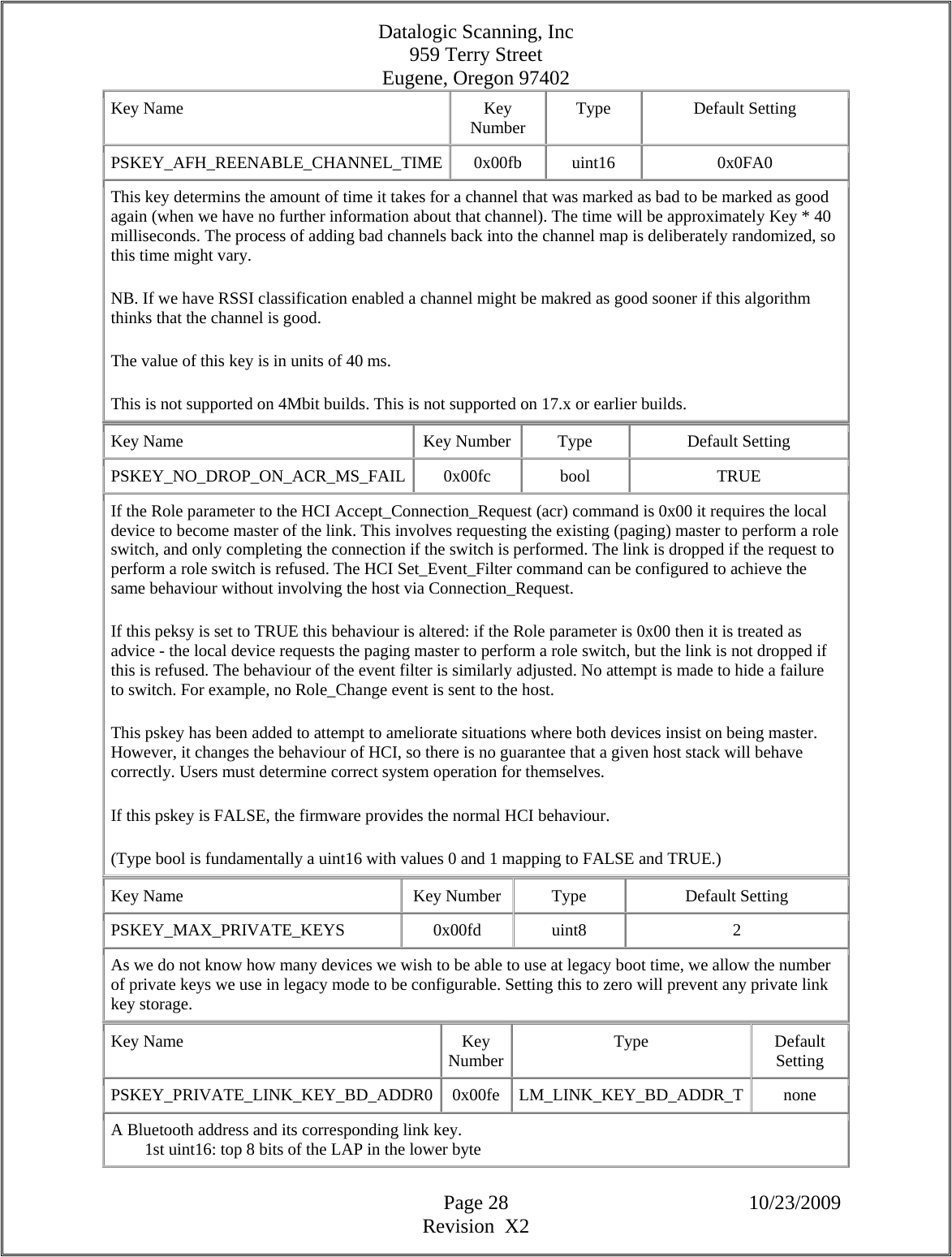 Datalogic Scanning, Inc 959 Terry Street Eugene, Oregon 97402  Page 28 10/23/2009 Revision  X2 Key Name  Key Number  Type Default Setting PSKEY_AFH_REENABLE_CHANNEL_TIME 0x00fb  uint16  0x0FA0 This key determins the amount of time it takes for a channel that was marked as bad to be marked as good again (when we have no further information about that channel). The time will be approximately Key * 40 milliseconds. The process of adding bad channels back into the channel map is deliberately randomized, so this time might vary.  NB. If we have RSSI classification enabled a channel might be makred as good sooner if this algorithm thinks that the channel is good.  The value of this key is in units of 40 ms.  This is not supported on 4Mbit builds. This is not supported on 17.x or earlier builds.  Key Name  Key Number  Type  Default Setting PSKEY_NO_DROP_ON_ACR_MS_FAIL 0x00fc  bool  TRUE If the Role parameter to the HCI Accept_Connection_Request (acr) command is 0x00 it requires the local device to become master of the link. This involves requesting the existing (paging) master to perform a role switch, and only completing the connection if the switch is performed. The link is dropped if the request to perform a role switch is refused. The HCI Set_Event_Filter command can be configured to achieve the same behaviour without involving the host via Connection_Request.  If this peksy is set to TRUE this behaviour is altered: if the Role parameter is 0x00 then it is treated as advice - the local device requests the paging master to perform a role switch, but the link is not dropped if this is refused. The behaviour of the event filter is similarly adjusted. No attempt is made to hide a failure to switch. For example, no Role_Change event is sent to the host.  This pskey has been added to attempt to ameliorate situations where both devices insist on being master. However, it changes the behaviour of HCI, so there is no guarantee that a given host stack will behave correctly. Users must determine correct system operation for themselves.  If this pskey is FALSE, the firmware provides the normal HCI behaviour.  (Type bool is fundamentally a uint16 with values 0 and 1 mapping to FALSE and TRUE.)  Key Name  Key Number  Type  Default Setting PSKEY_MAX_PRIVATE_KEYS   0x00fd  uint8  2 As we do not know how many devices we wish to be able to use at legacy boot time, we allow the number of private keys we use in legacy mode to be configurable. Setting this to zero will prevent any private link key storage.  Key Name  Key Number Type Default Setting PSKEY_PRIVATE_LINK_KEY_BD_ADDR0 0x00fe LM_LINK_KEY_BD_ADDR_T  none A Bluetooth address and its corresponding link key.          1st uint16: top 8 bits of the LAP in the lower byte  