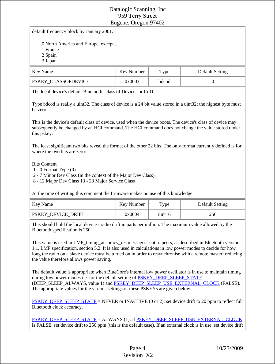 Datalogic Scanning, Inc 959 Terry Street Eugene, Oregon 97402  Page 4 10/23/2009 Revision  X2 default frequency block by January 2001.          0 North America and Europe, except ...          1 France          2 Spain          3 Japan  Key Name  Key Number  Type  Default Setting PSKEY_CLASSOFDEVICE   0x0003  bdcod  0 The local device&apos;s default Bluetooth &quot;class of Device&quot; or CoD.  Type bdcod is really a uint32. The class of device is a 24 bit value stored in a uint32; the highest byte must be zero.  This is the device&apos;s default class of device, used when the device boots. The device&apos;s class of device may subsequently be changed by an HCI command. The HCI command does not change the value stored under this pskey.  The least significant two bits reveal the format of the other 22 bits. The only format currently defined is for where the two bits are zero:  Bits Content   1 - 0 Format Type (0)   2 - 7 Minor Dev Class (in the context of the Major Dev Class)   8 - 12 Major Dev Class 13 - 23 Major Service Class  At the time of writing this comment the firmware makes no use of this knowledge.  Key Name  Key Number  Type  Default Setting PSKEY_DEVICE_DRIFT   0x0004  uint16  250 This should hold the local device&apos;s radio drift in parts per million. The maximum value allowed by the Bluetooth specification is 250.  This value is used in LMP_timing_accuracy_res messages sent to peers, as described in Bluetooth version 1.1, LMP specification, section 5.2. It is also used in calculations in low power modes to decide for how long the radio on a slave device must be turned on in order to resynchronise with a remote master: reducing the value therefore allows power saving.  The default value is appropriate when BlueCore&apos;s internal low power oscillator is in use to maintain timing during low power modes i.e. for the default setting of PSKEY_DEEP_SLEEP_STATE (DEEP_SLEEP_ALWAYS, value 1) and PSKEY_DEEP_SLEEP_USE_EXTERNAL_CLOCK (FALSE). The appropriate values for the various settings of these PSKEYs are given below.  PSKEY_DEEP_SLEEP_STATE = NEVER or INACTIVE (0 or 2): set device drift to 20 ppm to reflect full Bluetooth clock accuracy.  PSKEY_DEEP_SLEEP_STATE = ALWAYS (1): if PSKEY_DEEP_SLEEP_USE_EXTERNAL_CLOCK is FALSE, set device drift to 250 ppm (this is the default case). If an external clock is in use, set device drift 