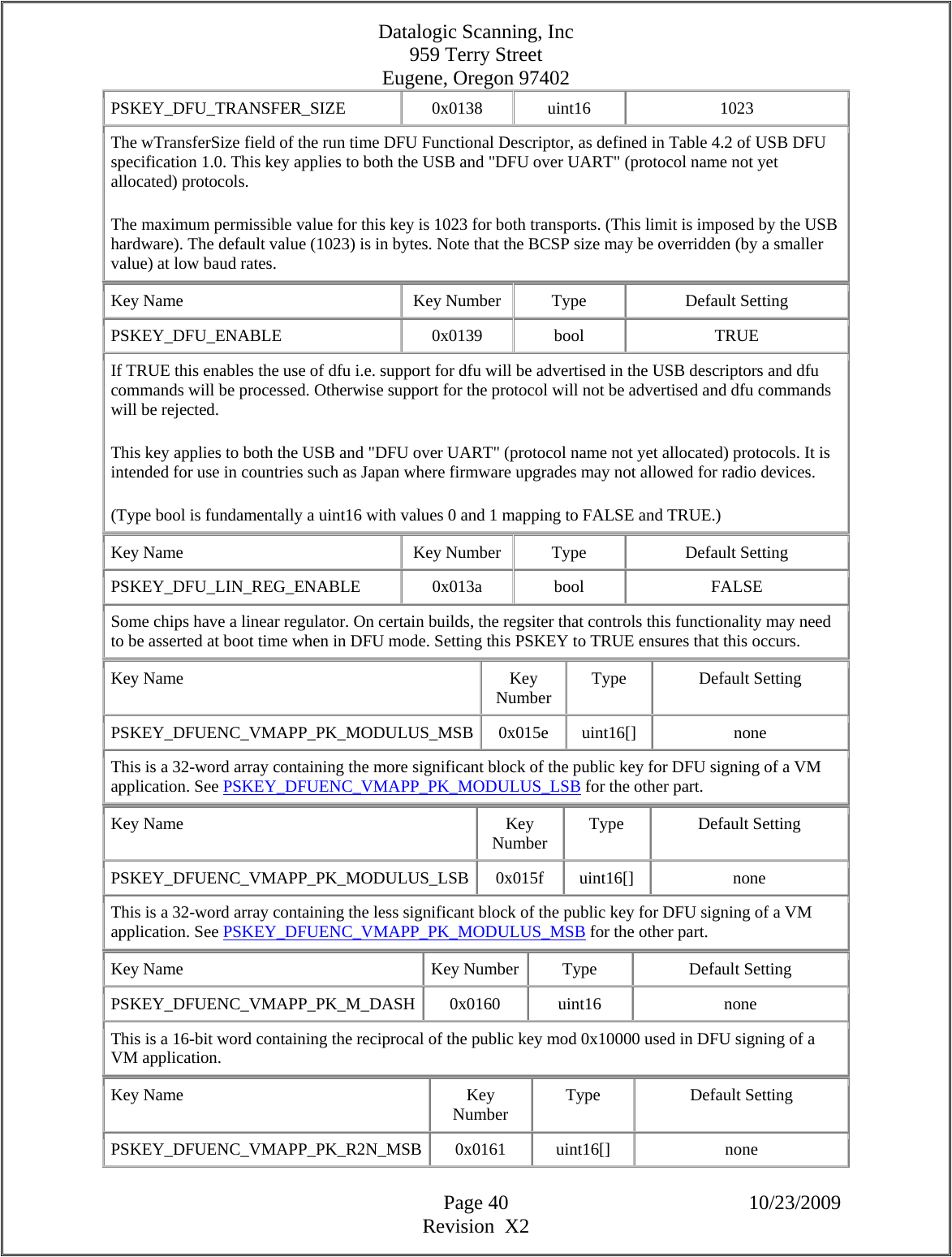 Datalogic Scanning, Inc 959 Terry Street Eugene, Oregon 97402  Page 40 10/23/2009 Revision  X2 PSKEY_DFU_TRANSFER_SIZE   0x0138  uint16  1023 The wTransferSize field of the run time DFU Functional Descriptor, as defined in Table 4.2 of USB DFU specification 1.0. This key applies to both the USB and &quot;DFU over UART&quot; (protocol name not yet allocated) protocols.  The maximum permissible value for this key is 1023 for both transports. (This limit is imposed by the USB hardware). The default value (1023) is in bytes. Note that the BCSP size may be overridden (by a smaller value) at low baud rates.  Key Name  Key Number  Type  Default Setting PSKEY_DFU_ENABLE   0x0139  bool  TRUE If TRUE this enables the use of dfu i.e. support for dfu will be advertised in the USB descriptors and dfu commands will be processed. Otherwise support for the protocol will not be advertised and dfu commands will be rejected.  This key applies to both the USB and &quot;DFU over UART&quot; (protocol name not yet allocated) protocols. It is intended for use in countries such as Japan where firmware upgrades may not allowed for radio devices.  (Type bool is fundamentally a uint16 with values 0 and 1 mapping to FALSE and TRUE.)  Key Name  Key Number  Type  Default Setting PSKEY_DFU_LIN_REG_ENABLE   0x013a  bool  FALSE Some chips have a linear regulator. On certain builds, the regsiter that controls this functionality may need to be asserted at boot time when in DFU mode. Setting this PSKEY to TRUE ensures that this occurs.  Key Name  Key Number  Type Default Setting PSKEY_DFUENC_VMAPP_PK_MODULUS_MSB 0x015e  uint16[]  none This is a 32-word array containing the more significant block of the public key for DFU signing of a VM application. See PSKEY_DFUENC_VMAPP_PK_MODULUS_LSB for the other part.  Key Name  Key Number  Type Default Setting PSKEY_DFUENC_VMAPP_PK_MODULUS_LSB 0x015f  uint16[]  none This is a 32-word array containing the less significant block of the public key for DFU signing of a VM application. See PSKEY_DFUENC_VMAPP_PK_MODULUS_MSB for the other part.  Key Name  Key Number  Type  Default Setting PSKEY_DFUENC_VMAPP_PK_M_DASH 0x0160  uint16  none This is a 16-bit word containing the reciprocal of the public key mod 0x10000 used in DFU signing of a VM application.  Key Name  Key Number  Type Default Setting PSKEY_DFUENC_VMAPP_PK_R2N_MSB 0x0161  uint16[]  none 