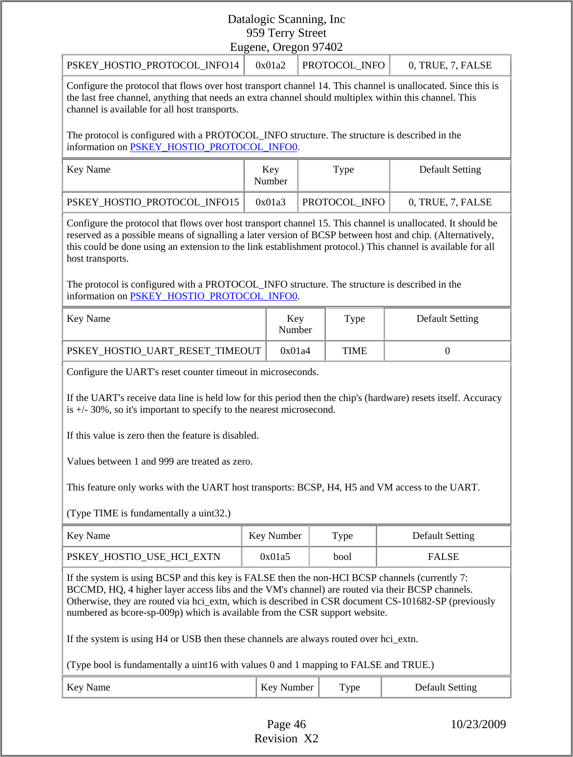 Datalogic Scanning, Inc 959 Terry Street Eugene, Oregon 97402  Page 46 10/23/2009 Revision  X2 PSKEY_HOSTIO_PROTOCOL_INFO14  0x01a2  PROTOCOL_INFO 0, TRUE, 7, FALSE  Configure the protocol that flows over host transport channel 14. This channel is unallocated. Since this is the last free channel, anything that needs an extra channel should multiplex within this channel. This channel is available for all host transports.  The protocol is configured with a PROTOCOL_INFO structure. The structure is described in the information on PSKEY_HOSTIO_PROTOCOL_INFO0.  Key Name  Key Number  Type Default Setting PSKEY_HOSTIO_PROTOCOL_INFO15  0x01a3  PROTOCOL_INFO 0, TRUE, 7, FALSE  Configure the protocol that flows over host transport channel 15. This channel is unallocated. It should be reserved as a possible means of signalling a later version of BCSP between host and chip. (Alternatively, this could be done using an extension to the link establishment protocol.) This channel is available for all host transports.  The protocol is configured with a PROTOCOL_INFO structure. The structure is described in the information on PSKEY_HOSTIO_PROTOCOL_INFO0.  Key Name  Key Number  Type Default Setting PSKEY_HOSTIO_UART_RESET_TIMEOUT 0x01a4  TIME  0 Configure the UART&apos;s reset counter timeout in microseconds.  If the UART&apos;s receive data line is held low for this period then the chip&apos;s (hardware) resets itself. Accuracy is +/- 30%, so it&apos;s important to specify to the nearest microsecond.  If this value is zero then the feature is disabled.  Values between 1 and 999 are treated as zero.  This feature only works with the UART host transports: BCSP, H4, H5 and VM access to the UART.  (Type TIME is fundamentally a uint32.)  Key Name  Key Number  Type  Default Setting PSKEY_HOSTIO_USE_HCI_EXTN   0x01a5  bool  FALSE If the system is using BCSP and this key is FALSE then the non-HCI BCSP channels (currently 7: BCCMD, HQ, 4 higher layer access libs and the VM&apos;s channel) are routed via their BCSP channels. Otherwise, they are routed via hci_extn, which is described in CSR document CS-101682-SP (previously numbered as bcore-sp-009p) which is available from the CSR support website.  If the system is using H4 or USB then these channels are always routed over hci_extn.  (Type bool is fundamentally a uint16 with values 0 and 1 mapping to FALSE and TRUE.)  Key Name  Key Number Type  Default Setting 
