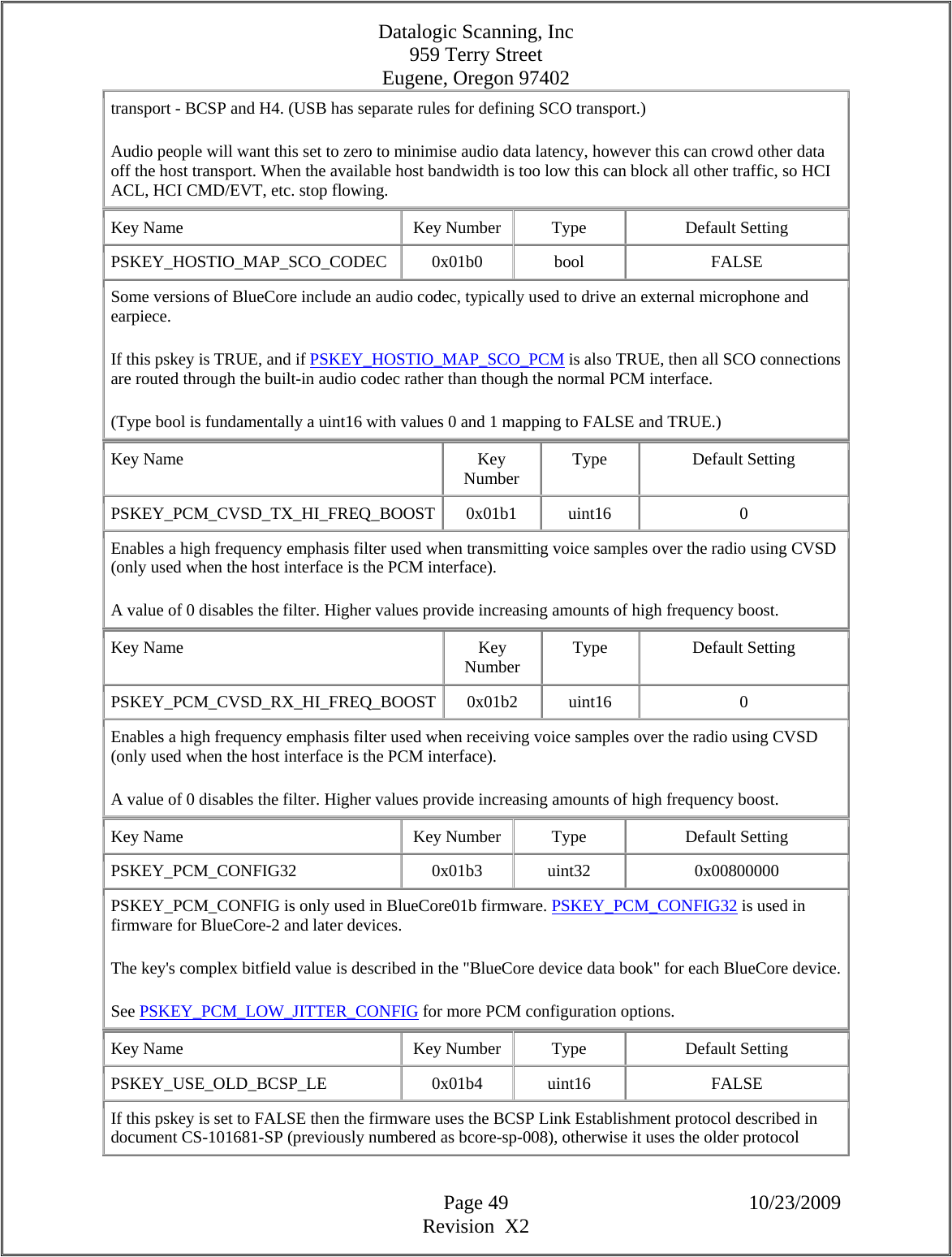Datalogic Scanning, Inc 959 Terry Street Eugene, Oregon 97402  Page 49 10/23/2009 Revision  X2 transport - BCSP and H4. (USB has separate rules for defining SCO transport.)  Audio people will want this set to zero to minimise audio data latency, however this can crowd other data off the host transport. When the available host bandwidth is too low this can block all other traffic, so HCI ACL, HCI CMD/EVT, etc. stop flowing.  Key Name  Key Number  Type  Default Setting PSKEY_HOSTIO_MAP_SCO_CODEC   0x01b0  bool  FALSE Some versions of BlueCore include an audio codec, typically used to drive an external microphone and earpiece.  If this pskey is TRUE, and if PSKEY_HOSTIO_MAP_SCO_PCM is also TRUE, then all SCO connections are routed through the built-in audio codec rather than though the normal PCM interface.  (Type bool is fundamentally a uint16 with values 0 and 1 mapping to FALSE and TRUE.)  Key Name  Key Number  Type Default Setting PSKEY_PCM_CVSD_TX_HI_FREQ_BOOST 0x01b1  uint16  0 Enables a high frequency emphasis filter used when transmitting voice samples over the radio using CVSD (only used when the host interface is the PCM interface).  A value of 0 disables the filter. Higher values provide increasing amounts of high frequency boost.  Key Name  Key Number  Type Default Setting PSKEY_PCM_CVSD_RX_HI_FREQ_BOOST 0x01b2  uint16  0 Enables a high frequency emphasis filter used when receiving voice samples over the radio using CVSD (only used when the host interface is the PCM interface).  A value of 0 disables the filter. Higher values provide increasing amounts of high frequency boost.  Key Name  Key Number  Type  Default Setting PSKEY_PCM_CONFIG32   0x01b3  uint32  0x00800000 PSKEY_PCM_CONFIG is only used in BlueCore01b firmware. PSKEY_PCM_CONFIG32 is used in firmware for BlueCore-2 and later devices.  The key&apos;s complex bitfield value is described in the &quot;BlueCore device data book&quot; for each BlueCore device. See PSKEY_PCM_LOW_JITTER_CONFIG for more PCM configuration options.  Key Name  Key Number  Type  Default Setting PSKEY_USE_OLD_BCSP_LE   0x01b4  uint16  FALSE If this pskey is set to FALSE then the firmware uses the BCSP Link Establishment protocol described in document CS-101681-SP (previously numbered as bcore-sp-008), otherwise it uses the older protocol 