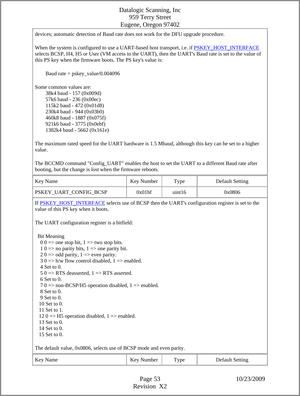 Datalogic Scanning, Inc 959 Terry Street Eugene, Oregon 97402  Page 53 10/23/2009 Revision  X2 devices; automatic detection of Baud rate does not work for the DFU upgrade procedure.  When the system is configured to use a UART-based host transport, i.e. if PSKEY_HOST_INTERFACE selects BCSP, H4, H5 or User (VM access to the UART), then the UART&apos;s Baud rate is set to the value of this PS key when the firmware boots. The PS key&apos;s value is:          Baud rate = pskey_value/0.004096  Some common values are:          38k4 baud - 157 (0x009d)          57k6 baud - 236 (0x00ec)          115k2 baud - 472 (0x01d8)          230k4 baud - 944 (0x03b0)          460k8 baud - 1887 (0x075f)          921k6 baud - 3775 (0x0ebf)          1382k4 baud - 5662 (0x161e)  The maximum rated speed for the UART hardware is 1.5 Mbaud, although this key can be set to a higher value.  The BCCMD command &quot;Config_UART&quot; enables the host to set the UART to a different Baud rate after booting, but the change is lost when the firmware reboots.  Key Name  Key Number  Type  Default Setting PSKEY_UART_CONFIG_BCSP   0x01bf  uint16  0x0806 If PSKEY_HOST_INTERFACE selects use of BCSP then the UART&apos;s configuration register is set to the value of this PS key when it boots.  The UART configuration register is a bitfield:    Bit Meaning      0 0 =&gt; one stop bit, 1 =&gt; two stop bits.      1 0 =&gt; no parity bits, 1 =&gt; one parity bit.      2 0 =&gt; odd parity, 1 =&gt; even parity.      3 0 =&gt; h/w flow control disabled, 1 =&gt; enabled.      4 Set to 0.      5 0 =&gt; RTS deasserted, 1 =&gt; RTS asserted.      6 Set to 0.      7 0 =&gt; non-BCSP/H5 operation disabled, 1 =&gt; enabled.      8 Set to 0.      9 Set to 0.     10 Set to 0.     11 Set to 1.     12 0 =&gt; H5 operation disabled, 1 =&gt; enabled.     13 Set to 0.     14 Set to 0.     15 Set to 0.  The default value, 0x0806, selects use of BCSP mode and even parity.  Key Name  Key Number  Type  Default Setting 