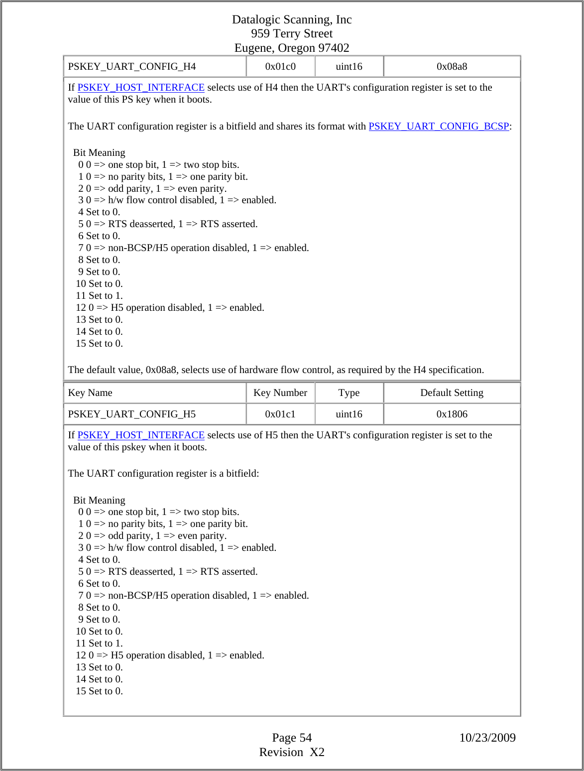 Datalogic Scanning, Inc 959 Terry Street Eugene, Oregon 97402  Page 54 10/23/2009 Revision  X2 PSKEY_UART_CONFIG_H4   0x01c0  uint16  0x08a8 If PSKEY_HOST_INTERFACE selects use of H4 then the UART&apos;s configuration register is set to the value of this PS key when it boots.  The UART configuration register is a bitfield and shares its format with PSKEY_UART_CONFIG_BCSP:    Bit Meaning      0 0 =&gt; one stop bit, 1 =&gt; two stop bits.      1 0 =&gt; no parity bits, 1 =&gt; one parity bit.      2 0 =&gt; odd parity, 1 =&gt; even parity.      3 0 =&gt; h/w flow control disabled, 1 =&gt; enabled.      4 Set to 0.      5 0 =&gt; RTS deasserted, 1 =&gt; RTS asserted.      6 Set to 0.      7 0 =&gt; non-BCSP/H5 operation disabled, 1 =&gt; enabled.      8 Set to 0.      9 Set to 0.     10 Set to 0.     11 Set to 1.     12 0 =&gt; H5 operation disabled, 1 =&gt; enabled.     13 Set to 0.     14 Set to 0.     15 Set to 0.  The default value, 0x08a8, selects use of hardware flow control, as required by the H4 specification.  Key Name  Key Number  Type  Default Setting PSKEY_UART_CONFIG_H5   0x01c1  uint16  0x1806 If PSKEY_HOST_INTERFACE selects use of H5 then the UART&apos;s configuration register is set to the value of this pskey when it boots.  The UART configuration register is a bitfield:    Bit Meaning      0 0 =&gt; one stop bit, 1 =&gt; two stop bits.      1 0 =&gt; no parity bits, 1 =&gt; one parity bit.      2 0 =&gt; odd parity, 1 =&gt; even parity.      3 0 =&gt; h/w flow control disabled, 1 =&gt; enabled.      4 Set to 0.      5 0 =&gt; RTS deasserted, 1 =&gt; RTS asserted.      6 Set to 0.      7 0 =&gt; non-BCSP/H5 operation disabled, 1 =&gt; enabled.      8 Set to 0.      9 Set to 0.     10 Set to 0.     11 Set to 1.     12 0 =&gt; H5 operation disabled, 1 =&gt; enabled.     13 Set to 0.     14 Set to 0.     15 Set to 0.  