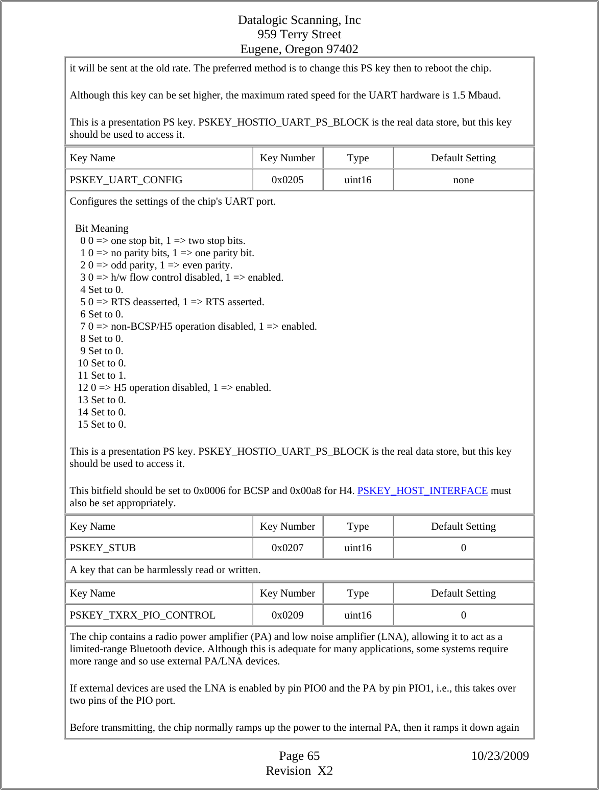 Datalogic Scanning, Inc 959 Terry Street Eugene, Oregon 97402  Page 65 10/23/2009 Revision  X2 it will be sent at the old rate. The preferred method is to change this PS key then to reboot the chip.  Although this key can be set higher, the maximum rated speed for the UART hardware is 1.5 Mbaud.  This is a presentation PS key. PSKEY_HOSTIO_UART_PS_BLOCK is the real data store, but this key should be used to access it.  Key Name  Key Number  Type  Default Setting PSKEY_UART_CONFIG   0x0205  uint16  none Configures the settings of the chip&apos;s UART port.    Bit Meaning      0 0 =&gt; one stop bit, 1 =&gt; two stop bits.      1 0 =&gt; no parity bits, 1 =&gt; one parity bit.      2 0 =&gt; odd parity, 1 =&gt; even parity.      3 0 =&gt; h/w flow control disabled, 1 =&gt; enabled.      4 Set to 0.      5 0 =&gt; RTS deasserted, 1 =&gt; RTS asserted.      6 Set to 0.      7 0 =&gt; non-BCSP/H5 operation disabled, 1 =&gt; enabled.      8 Set to 0.      9 Set to 0.     10 Set to 0.     11 Set to 1.     12 0 =&gt; H5 operation disabled, 1 =&gt; enabled.     13 Set to 0.     14 Set to 0.     15 Set to 0.  This is a presentation PS key. PSKEY_HOSTIO_UART_PS_BLOCK is the real data store, but this key should be used to access it.  This bitfield should be set to 0x0006 for BCSP and 0x00a8 for H4. PSKEY_HOST_INTERFACE must also be set appropriately.  Key Name  Key Number  Type  Default Setting PSKEY_STUB   0x0207  uint16  0 A key that can be harmlessly read or written.  Key Name  Key Number  Type  Default Setting PSKEY_TXRX_PIO_CONTROL   0x0209  uint16  0 The chip contains a radio power amplifier (PA) and low noise amplifier (LNA), allowing it to act as a limited-range Bluetooth device. Although this is adequate for many applications, some systems require more range and so use external PA/LNA devices.  If external devices are used the LNA is enabled by pin PIO0 and the PA by pin PIO1, i.e., this takes over two pins of the PIO port.  Before transmitting, the chip normally ramps up the power to the internal PA, then it ramps it down again 