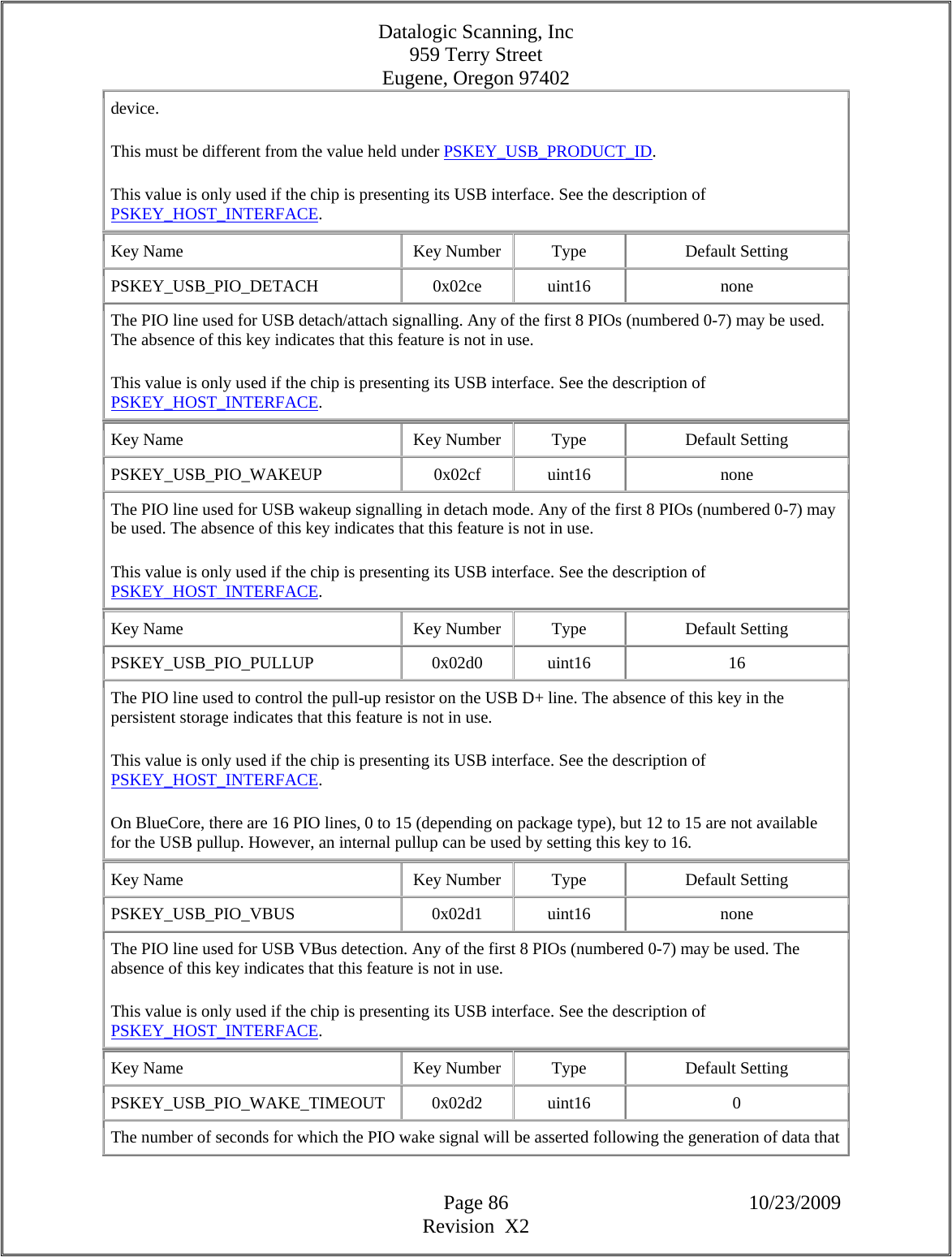 Datalogic Scanning, Inc 959 Terry Street Eugene, Oregon 97402  Page 86 10/23/2009 Revision  X2 device.  This must be different from the value held under PSKEY_USB_PRODUCT_ID.  This value is only used if the chip is presenting its USB interface. See the description of PSKEY_HOST_INTERFACE.  Key Name  Key Number  Type  Default Setting PSKEY_USB_PIO_DETACH   0x02ce  uint16  none The PIO line used for USB detach/attach signalling. Any of the first 8 PIOs (numbered 0-7) may be used. The absence of this key indicates that this feature is not in use.  This value is only used if the chip is presenting its USB interface. See the description of PSKEY_HOST_INTERFACE.  Key Name  Key Number  Type  Default Setting PSKEY_USB_PIO_WAKEUP   0x02cf  uint16  none The PIO line used for USB wakeup signalling in detach mode. Any of the first 8 PIOs (numbered 0-7) may be used. The absence of this key indicates that this feature is not in use.  This value is only used if the chip is presenting its USB interface. See the description of PSKEY_HOST_INTERFACE.  Key Name  Key Number  Type  Default Setting PSKEY_USB_PIO_PULLUP   0x02d0  uint16  16 The PIO line used to control the pull-up resistor on the USB D+ line. The absence of this key in the persistent storage indicates that this feature is not in use.  This value is only used if the chip is presenting its USB interface. See the description of PSKEY_HOST_INTERFACE.  On BlueCore, there are 16 PIO lines, 0 to 15 (depending on package type), but 12 to 15 are not available for the USB pullup. However, an internal pullup can be used by setting this key to 16.  Key Name  Key Number  Type  Default Setting PSKEY_USB_PIO_VBUS   0x02d1  uint16  none The PIO line used for USB VBus detection. Any of the first 8 PIOs (numbered 0-7) may be used. The absence of this key indicates that this feature is not in use.  This value is only used if the chip is presenting its USB interface. See the description of PSKEY_HOST_INTERFACE.  Key Name  Key Number  Type  Default Setting PSKEY_USB_PIO_WAKE_TIMEOUT   0x02d2  uint16  0 The number of seconds for which the PIO wake signal will be asserted following the generation of data that 