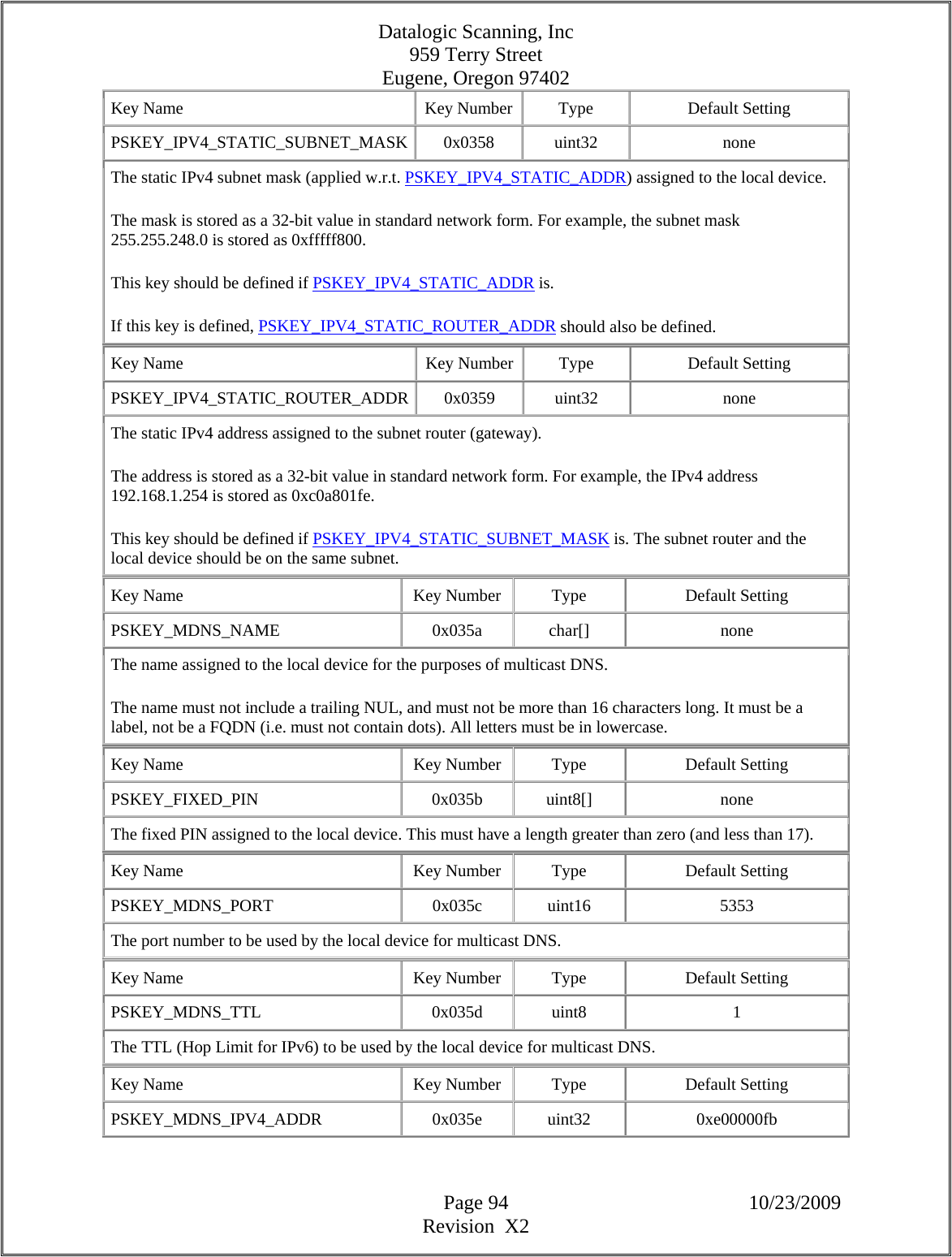 Datalogic Scanning, Inc 959 Terry Street Eugene, Oregon 97402  Page 94 10/23/2009 Revision  X2 Key Name  Key Number  Type  Default Setting PSKEY_IPV4_STATIC_SUBNET_MASK 0x0358  uint32  none The static IPv4 subnet mask (applied w.r.t. PSKEY_IPV4_STATIC_ADDR) assigned to the local device.  The mask is stored as a 32-bit value in standard network form. For example, the subnet mask 255.255.248.0 is stored as 0xfffff800.  This key should be defined if PSKEY_IPV4_STATIC_ADDR is.  If this key is defined, PSKEY_IPV4_STATIC_ROUTER_ADDR should also be defined.  Key Name  Key Number  Type  Default Setting PSKEY_IPV4_STATIC_ROUTER_ADDR 0x0359  uint32  none The static IPv4 address assigned to the subnet router (gateway).  The address is stored as a 32-bit value in standard network form. For example, the IPv4 address 192.168.1.254 is stored as 0xc0a801fe.  This key should be defined if PSKEY_IPV4_STATIC_SUBNET_MASK is. The subnet router and the local device should be on the same subnet.  Key Name  Key Number  Type  Default Setting PSKEY_MDNS_NAME   0x035a  char[]  none The name assigned to the local device for the purposes of multicast DNS.  The name must not include a trailing NUL, and must not be more than 16 characters long. It must be a label, not be a FQDN (i.e. must not contain dots). All letters must be in lowercase.  Key Name  Key Number  Type  Default Setting PSKEY_FIXED_PIN   0x035b  uint8[]  none The fixed PIN assigned to the local device. This must have a length greater than zero (and less than 17).  Key Name  Key Number  Type  Default Setting PSKEY_MDNS_PORT   0x035c  uint16  5353 The port number to be used by the local device for multicast DNS.  Key Name  Key Number  Type  Default Setting PSKEY_MDNS_TTL   0x035d  uint8  1 The TTL (Hop Limit for IPv6) to be used by the local device for multicast DNS.  Key Name  Key Number  Type  Default Setting PSKEY_MDNS_IPV4_ADDR   0x035e  uint32  0xe00000fb 