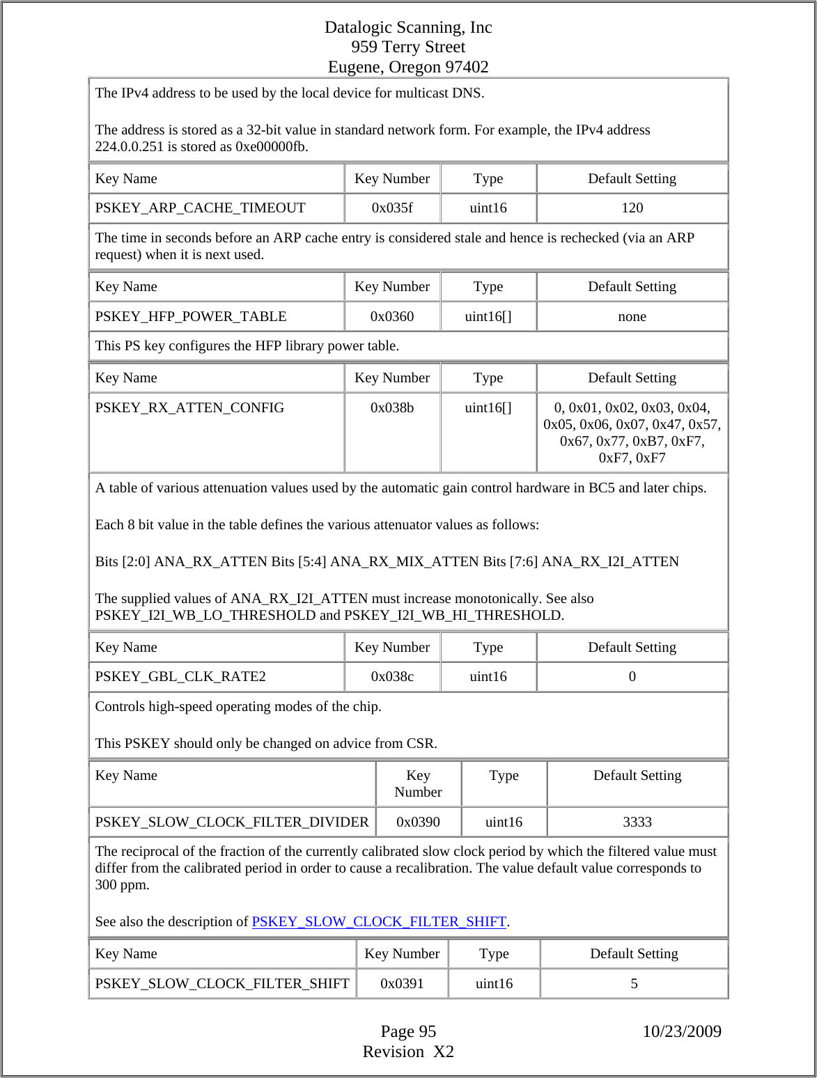 Datalogic Scanning, Inc 959 Terry Street Eugene, Oregon 97402  Page 95 10/23/2009 Revision  X2 The IPv4 address to be used by the local device for multicast DNS.  The address is stored as a 32-bit value in standard network form. For example, the IPv4 address 224.0.0.251 is stored as 0xe00000fb.  Key Name  Key Number  Type  Default Setting PSKEY_ARP_CACHE_TIMEOUT   0x035f  uint16  120 The time in seconds before an ARP cache entry is considered stale and hence is rechecked (via an ARP request) when it is next used.  Key Name  Key Number  Type  Default Setting PSKEY_HFP_POWER_TABLE   0x0360  uint16[]  none This PS key configures the HFP library power table.  Key Name  Key Number  Type  Default Setting PSKEY_RX_ATTEN_CONFIG   0x038b  uint16[]  0, 0x01, 0x02, 0x03, 0x04, 0x05, 0x06, 0x07, 0x47, 0x57, 0x67, 0x77, 0xB7, 0xF7, 0xF7, 0xF7  A table of various attenuation values used by the automatic gain control hardware in BC5 and later chips.  Each 8 bit value in the table defines the various attenuator values as follows:  Bits [2:0] ANA_RX_ATTEN Bits [5:4] ANA_RX_MIX_ATTEN Bits [7:6] ANA_RX_I2I_ATTEN  The supplied values of ANA_RX_I2I_ATTEN must increase monotonically. See also PSKEY_I2I_WB_LO_THRESHOLD and PSKEY_I2I_WB_HI_THRESHOLD.  Key Name  Key Number  Type  Default Setting PSKEY_GBL_CLK_RATE2   0x038c  uint16  0 Controls high-speed operating modes of the chip.  This PSKEY should only be changed on advice from CSR.  Key Name  Key Number  Type Default Setting PSKEY_SLOW_CLOCK_FILTER_DIVIDER 0x0390  uint16  3333 The reciprocal of the fraction of the currently calibrated slow clock period by which the filtered value must differ from the calibrated period in order to cause a recalibration. The value default value corresponds to 300 ppm.  See also the description of PSKEY_SLOW_CLOCK_FILTER_SHIFT.  Key Name  Key Number  Type  Default Setting PSKEY_SLOW_CLOCK_FILTER_SHIFT 0x0391  uint16  5 