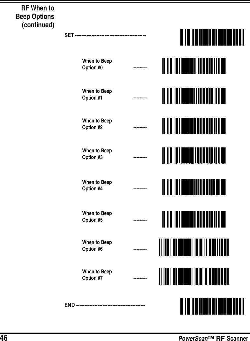 46 PowerScan™ RF ScannerRF When toBeep Options(continued)SET ------------------------------------------- When to BeepOption #0  ---------When to BeepOption #1  ---------When to BeepOption #2  ---------When to BeepOption #3  ---------When to BeepOption #4  ---------When to BeepOption #5  ---------When to BeepOption #6  ---------When to BeepOption #7  ---------END ------------------------------------------ 