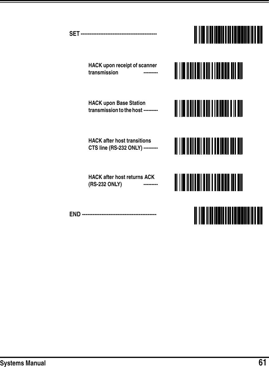 Systems Manual                            61SET ------------------------------------------- HACK upon receipt of scanner transmission  ---------HACK upon Base Station transmission to the host ---------HACK after host transitions CTS line (RS-232 ONLY) ---------HACK after host returns ACK (RS-232 ONLY)  ---------END ------------------------------------------ 
