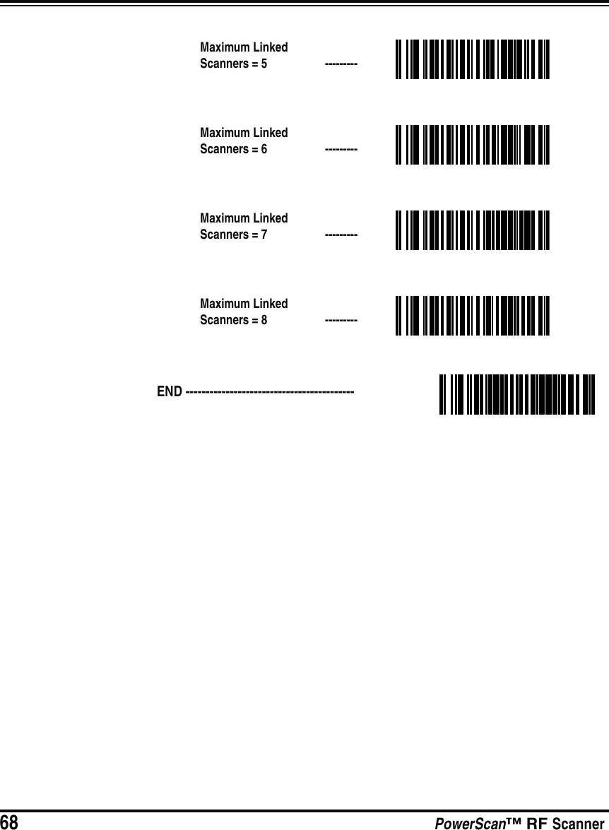 68 PowerScan™ RF ScannerMaximum Linked Scanners = 5  ---------Maximum Linked Scanners = 6  ---------Maximum Linked Scanners = 7  ---------Maximum Linked Scanners = 8  ---------END ------------------------------------------ 