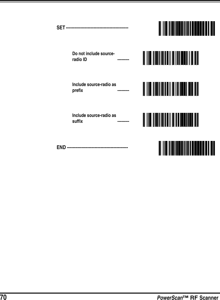 70 PowerScan™ RF ScannerSET ------------------------------------------- Do not include source-radio ID  ---------Include source-radio as prefix  ---------Include source-radio as suffix  ---------END ------------------------------------------ 