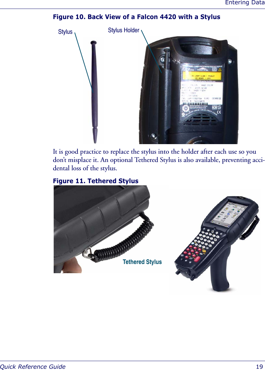 Entering DataQuick Reference Guide  19Figure 10. Back View of a Falcon 4420 with a Stylus It is good practice to replace the stylus into the holder after each use so you don’t misplace it. An optional Tethered Stylus is also available, preventing acci-dental loss of the stylus.Figure 11. Tethered StylusStylus Stylus HolderTethered Stylus