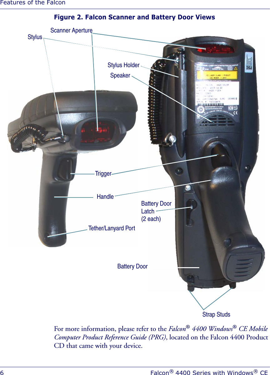 Features of the Falcon6Falcon® 4400 Series with Windows® CEFigure 2. Falcon Scanner and Battery Door ViewsFor more information, please refer to the Falcon® 4400 Windows® CE Mobile Computer Product Reference Guide (PRG), located on the Falcon 4400 Product CD that came with your device.Strap StudsTriggerHandleStylusTether/Lanyard PortStylus HolderBattery DoorSpeakerBattery Door Latch (2 each)Scanner Aperture