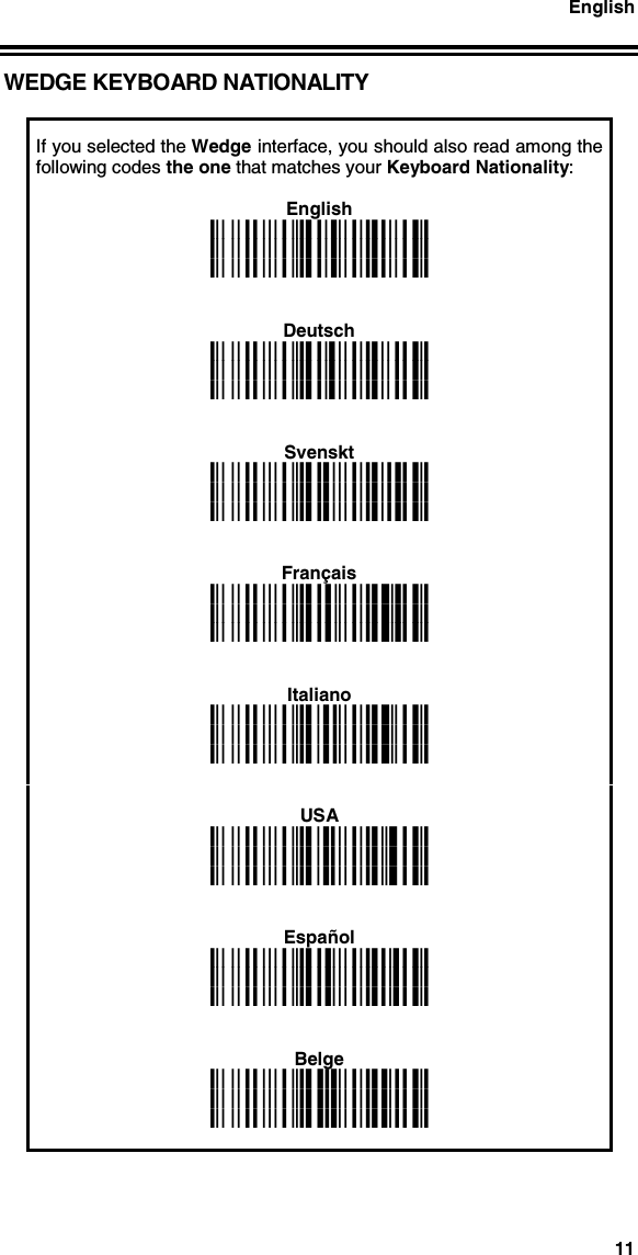 English11WEDGE KEYBOARD NATIONALITYIf you selected the Wedge interface, you should also read among thefollowing codes the one that matches your Keyboard Nationality:Englishi&apos;+ki&apos;+ki&apos;+kDeutschi&apos;+ki&apos;+ki&apos;+kSvenskti&apos;+ki&apos;+ki&apos;+kFrançaisi&apos;+gki&apos;+gki&apos;+gkItalianoi&apos;+bki&apos;+bki&apos;+bkUSAi&apos;+]ki&apos;+]ki&apos;+]kEspañoli&apos;+ki&apos;+ki&apos;+kBelgei&apos;+ki&apos;+ki&apos;+k