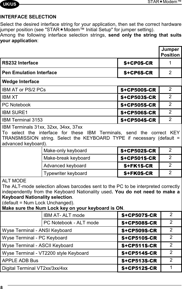 STARModem™ 8  UK/US INTERFACE SELECTION Select the desired interface string for your application, then set the correct hardware jumper position (see &quot;STARModem™ Initial Setup&quot; for jumper setting). Among the following interface selection strings, send only the string that suits your application:    Jumper Position RS232 Interface $+CP0$-CR  1 Pen Emulation Interface  $+CP6$-CR  2 Wedge Interface IBM AT or PS/2 PCs $+CP500$-CR 2 IBM XT  $+CP503$-CR 2 PC Notebook  $+CP505$-CR 2 IBM SURE1  $+CP506$-CR 2 IBM Terminal 3153  $+CP504$-CR 2 IBM Terminals 31xx, 32xx, 34xx, 37xx To select the interface for these IBM Terminals, send the correct KEY TRANSMISSION string. Select the KEYBOARD TYPE if necessary (default = advanced keyboard).  Make-only keyboard $+CP502$-CR 2  Make-break keyboard $+CP501$-CR 2  Advanced keyboard $+FK1$-CR  2  Typewriter keyboard $+FK0$-CR  2 ALT MODE The ALT-mode selection allows barcodes sent to the PC to be interpreted correctly independently from the Keyboard Nationality used. You do not need to make a Keyboard Nationality selection. (default = Num Lock Unchanged). Make sure the Num Lock key on your keyboard is ON.   IBM AT- ALT mode  $+CP507$-CR  2   PC Notebook - ALT mode  $+CP508$-CR  2 Wyse Terminal - ANSI Keyboard  $+CP509$-CR  2 Wyse Terminal - PC Keyboard  $+CP510$-CR  2 Wyse Terminal - ASCII Keyboard  $+CP511$-CR  2 Wyse Terminal - VT2200 style Keyboard  $+CP514$-CR  2 APPLE ADB Bus  $+CP513$-CR  2 Digital Terminal VT2xx/3xx/4xx  $+CP512$-CR  1 