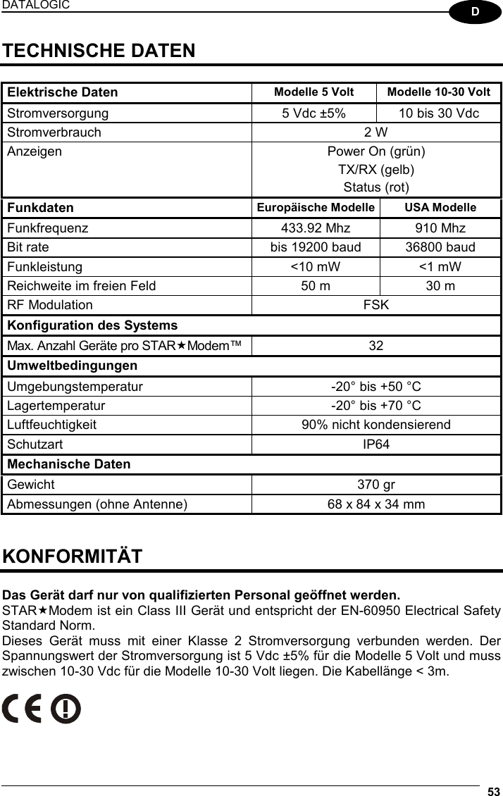 DATALOGIC  53  D TECHNISCHE DATEN  Elektrische Daten Modelle 5 Volt Modelle 10-30 Volt Stromversorgung  5 Vdc ±5%  10 bis 30 Vdc Stromverbrauch 2 W Anzeigen  Power On (grün) TX/RX (gelb) Status (rot) Funkdaten Europäische Modelle USA Modelle Funkfrequenz  433.92 Mhz  910 Mhz Bit rate  bis 19200 baud  36800 baud Funkleistung  &lt;10 mW  &lt;1 mW Reichweite im freien Feld  50 m  30 m RF Modulation  FSK Konfiguration des Systems Max. Anzahl Geräte pro STARModem™ 32 Umweltbedingungen Umgebungstemperatur  -20° bis +50 °C Lagertemperatur  -20° bis +70 °C Luftfeuchtigkeit  90% nicht kondensierend Schutzart IP64 Mechanische Daten Gewicht 370 gr Abmessungen (ohne Antenne)  68 x 84 x 34 mm   KONFORMITÄT  Das Gerät darf nur von qualifizierten Personal geöffnet werden. STARModem ist ein Class III Gerät und entspricht der EN-60950 Electrical Safety Standard Norm. Dieses Gerät muss mit einer Klasse 2 Stromversorgung verbunden werden. Der Spannungswert der Stromversorgung ist 5 Vdc ±5% für die Modelle 5 Volt und muss zwischen 10-30 Vdc für die Modelle 10-30 Volt liegen. Die Kabellänge &lt; 3m.  