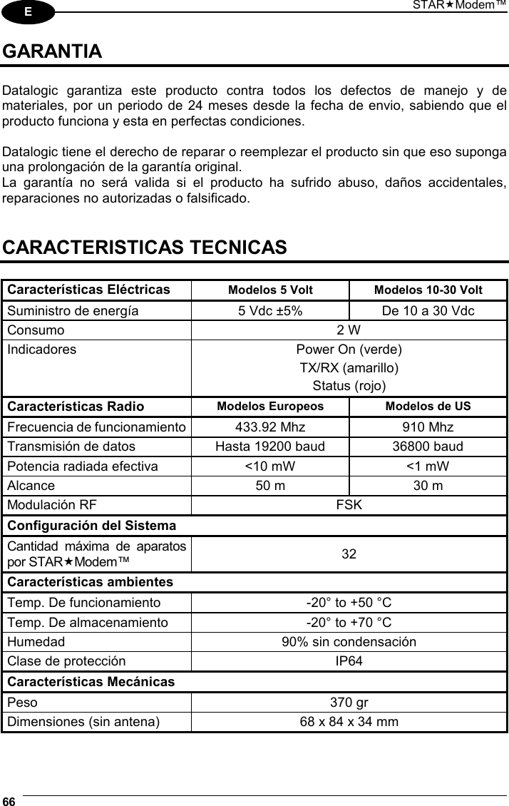 STARModem™ 66  E GARANTIA  Datalogic garantiza este producto contra todos los defectos de manejo y de materiales, por un periodo de 24 meses desde la fecha de envio, sabiendo que el producto funciona y esta en perfectas condiciones.  Datalogic tiene el derecho de reparar o reemplezar el producto sin que eso suponga una prolongación de la garantía original. La garantía no será valida si el producto ha sufrido abuso, daños accidentales, reparaciones no autorizadas o falsificado.   CARACTERISTICAS TECNICAS  Características Eléctricas Modelos 5 Volt  Modelos 10-30 Volt Suministro de energía  5 Vdc ±5%  De 10 a 30 Vdc Consumo 2 W Indicadores  Power On (verde) TX/RX (amarillo) Status (rojo) Características Radio Modelos Europeos  Modelos de US Frecuencia de funcionamiento 433.92 Mhz  910 Mhz Transmisión de datos  Hasta 19200 baud  36800 baud Potencia radiada efectiva  &lt;10 mW  &lt;1 mW Alcance  50 m  30 m Modulación RF  FSK Configuración del Sistema Cantidad máxima de aparatos por STARModem™  32 Características ambientes Temp. De funcionamiento  -20° to +50 °C Temp. De almacenamiento  -20° to +70 °C Humedad  90% sin condensación Clase de protección  IP64 Características Mecánicas Peso 370 gr Dimensiones (sin antena)  68 x 84 x 34 mm 