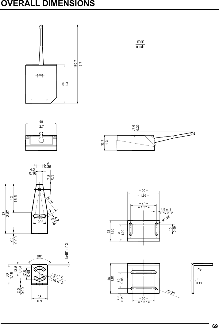   69  OVERALL DIMENSIONS   7.66884170.732.7mminch6.73.32.71.30.39  90°3013.817.54.2 n° 22.5231x45° n° 27.84.2R 404.220°2.5734290.350.160.316.52.870.090.161.180.540.680.16 n° 20.090.9 = 50 == 40 =4.5 n. 2 R2.2515322646257.5= 35 =R2.253R1= 1.96 == 1.57 =0.17 n. 2 1.261.020.590.111.810.980.29= 1.37 = 
