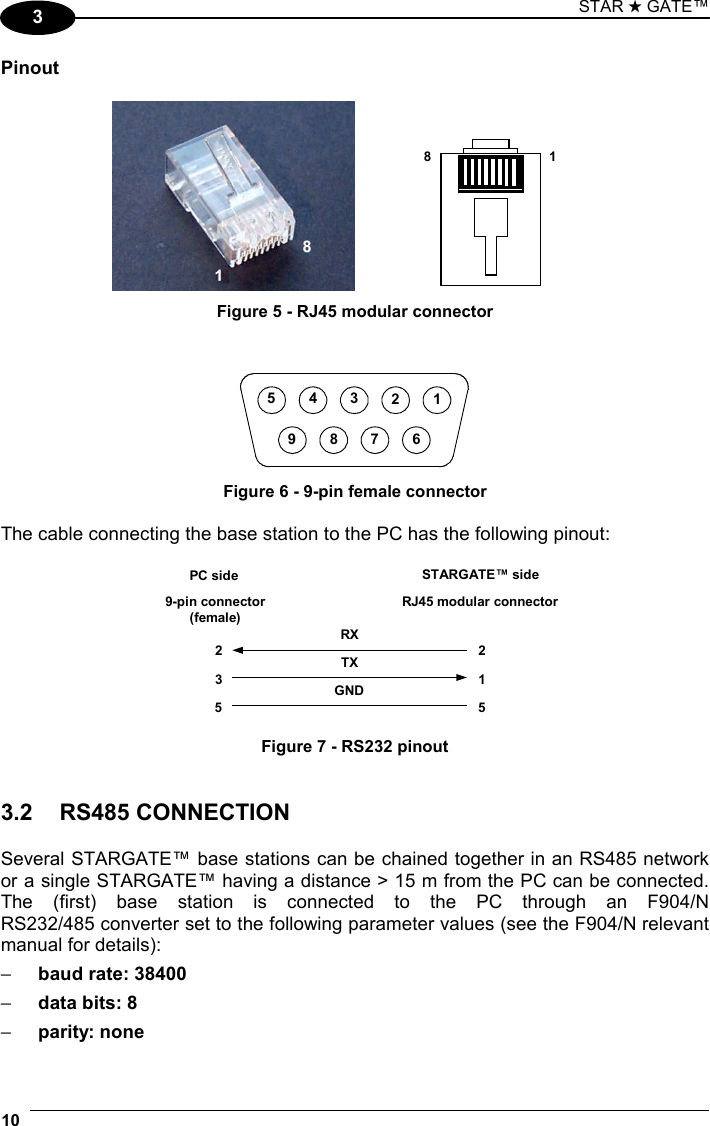 STAR ★ GATE™ 10   3 Pinout  81 Figure 5 - RJ45 modular connector   987654321 Figure 6 - 9-pin female connector  The cable connecting the base station to the PC has the following pinout:  239-pin connector(female)1RJ45 modular connectorPC side STARGATE™ side5 5RXTXGND2 Figure 7 - RS232 pinout   3.2 RS485 CONNECTION  Several STARGATE™ base stations can be chained together in an RS485 network or a single STARGATE™ having a distance &gt; 15 m from the PC can be connected. The (first) base station is connected to the PC through an F904/N  RS232/485 converter set to the following parameter values (see the F904/N relevant manual for details): −  baud rate: 38400 −  data bits: 8 −  parity: none 