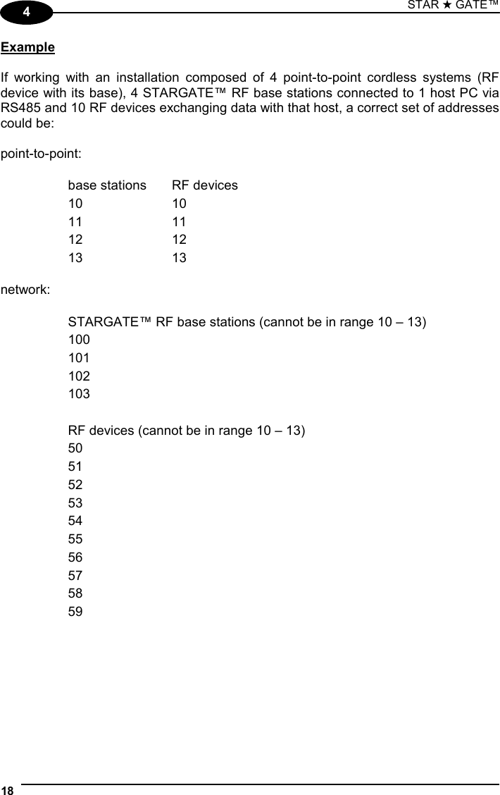 STAR ★ GATE™  18   4 Example  If working with an installation composed of 4 point-to-point cordless systems (RF device with its base), 4 STARGATE™ RF base stations connected to 1 host PC via RS485 and 10 RF devices exchanging data with that host, a correct set of addresses could be:  point-to-point:  base stations  RF devices 10 10 11 11 12 12 13 13  network:  STARGATE™ RF base stations (cannot be in range 10 – 13) 100 101 102 103  RF devices (cannot be in range 10 – 13) 50 51 52 53 54 55 56 57 58 59   