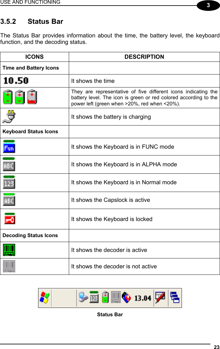 USE AND FUNCTIONING 23  3 3.5.2 Status Bar  The Status Bar provides information about the time, the battery level, the keyboard function, and the decoding status. ICONS DESCRIPTION Time and Battery Icons    It shows the time      They are representative of five different icons indicating the battery level. The icon is green or red colored according to the power left (green when &gt;20%, red when &lt;20%).  It shows the battery is charging Keyboard Status Icons    It shows the Keyboard is in FUNC mode  It shows the Keyboard is in ALPHA mode  It shows the Keyboard is in Normal mode  It shows the Capslock is active  It shows the Keyboard is locked Decoding Status Icons    It shows the decoder is active  It shows the decoder is not active    Status Bar 