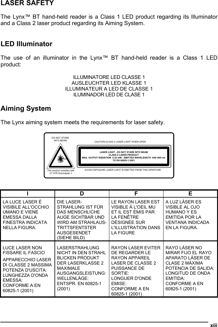  xiii  LASER SAFETY  The Lynx™ BT hand-held reader is a Class 1 LED product regarding its Illuminator and a Class 2 laser product regarding its Aiming System.   LED Illuminator  The use of an illuminator in the Lynx™ BT hand-held reader is a Class 1 LED product:  ILLUMINATORE LED CLASSE 1 AUSLEUCHTER LED KLASSE 1 ILLUMINATEUR A LED DE CLASSE 1 ILUMINADOR LED DE CLASE 1  Aiming System  The Lynx aiming system meets the requirements for laser safety.   AVOID EXPOSURE LASER LIGHT IS EMITTED FROM THIS APERTURE CAUTION-CLASS 2 LASER LIGHT WHEN OPEN LASER LIGHT - DO NOT STARE INTO BEAM CLASS 2 LASER PRODUCT MAX. OUTPUT RADIATION  0.25 mW - EMITTED WAVELENGTH  640~660 nmTO EN 60825-1:2001 DO NOT STARE INTO BEAM This product complies with 21 CFR Subchapter J   I D F E LA LUCE LASER È VISIBILE ALL&apos;OCCHIO UMANO E VIENE EMESSA DALLA FINESTRA INDICATA NELLA FIGURA. DIE LASER-STRAHLUNG IST FÜR DAS MENSCHLICHE AUGE SICHTBAR UND WIRD AM STRAHLAUS-TRITTSFENTSTER AUSGESENDET (SIEHE BILD) LE RAYON LASER EST VISIBLE À L&apos;OEIL MU ET IL EST ÉMIS PAR LA FENÊTRE DÉSIGNÉE SUR L&apos;ILLUSTRATION DANS LA FIGURE A LUZ LÁSER ES VISIBLE AL OJO HUMANO Y ES EMITIDA POR LA VENTANA INDICADA EN LA FIGURA. LUCE LASER NON FISSARE IL FASCIO APPARECCHIO LASER DI CLASSE 2 MASSIMA POTENZA D&apos;USCITA: LUNGHEZZA D&apos;ONDA EMESSA: CONFORME A EN 60825-1 (2001) LASERSTRAHLUNG NICHT IN DEN STRAHL BLICKEN PRODUKT DER LASERKLASSE 2 MAXIMALE AUSGANGSLEISTUNG: WELLENLÄGE: ENTSPR. EN 60825-1 (2001) RAYON LASER EVITER DE REGARDER LE RAYON APPAREIL LASER DE CLASSE 2 PUISSANCE DE SORTIE: LONGUER D&apos;ONDE EMISE: CONFORME A EN 60825-1 (2001) RAYO LÁSER NO MIRAR FIJO EL RAYO APARATO LÁSER DE CLASE 2 MÁXIMA POTENCIA DE SALIDA: LONGITUD DE ONDA EMITIDA: CONFORME A EN 60825-1 (2001)  