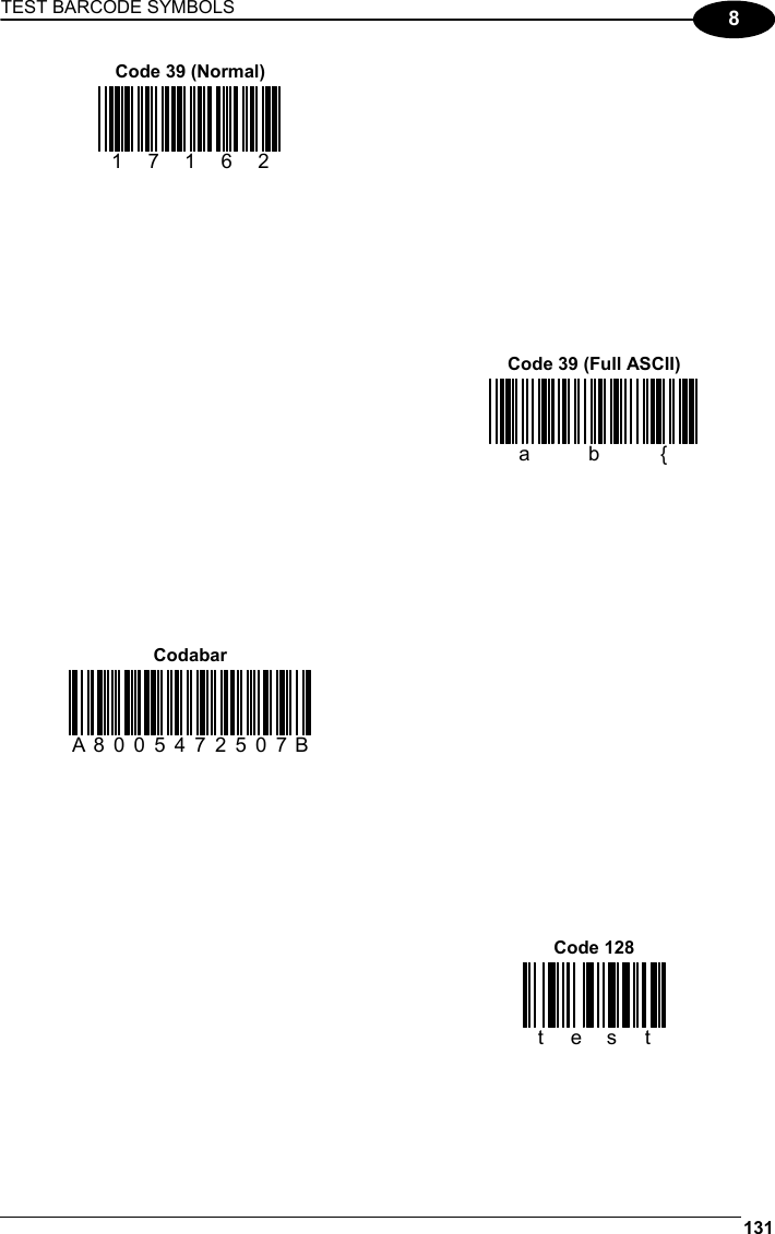 TEST BARCODE SYMBOLS 131  8 Code 39 (Normal) 17162      Code 39 (Full ASCII) ab{    Codabar A8005472507B       Code 128 test 