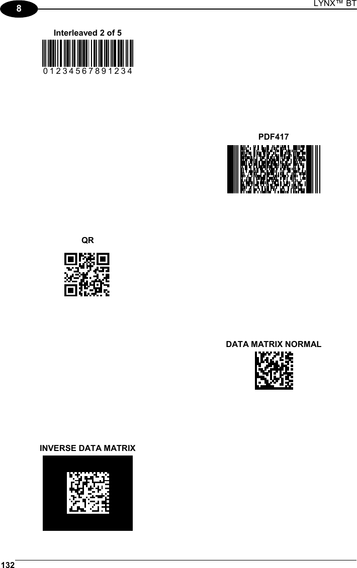 LYNX™ BT 132  8 Interleaved 2 of 5 01234567891234   PDF417  QR     DATA MATRIX NORMAL  INVERSE DATA MATRIX   