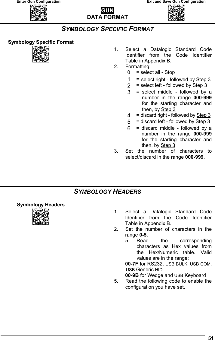 Enter Gun Configuration   Exit and Save Gun Configuration AMHKGMHOFNGNENEIEPANHOGOCK  AHPNIBAMDKEOFMHMLJALFCAFIK  AKCBPJCJGIIJCMCEGOODCCEDJK  AEFBJLBGMHPLNPGLABJHFIAEGK  AAPHBAJICCBGBIAFNLNLLAINDK  AFLFBPPCOIHKILNFFOCKOLJILK  DLDDLDDLDDLLLLLDDDLDDLDLLL GUN DATA FORMAT AMHKCMHOFNGNENEIEPANHOGOCK  AHPNIBAMDKEOFMHMLJALFEGFIK  AKCBPJCJGIIJCMCEGLJKNEBJLK  AEFBJLBGMHPLMIFPAFAIIBNHGK  AAPHBAJIDGDHOJDKAICECIENBK  AGLFBOMJMHLIGBPCKIGAGOEKLK  DDLDLDDLLLDLLLLDDDDDDLDLDL  51  SYMBOLOGY SPECIFIC FORMAT  Symbology Specific Format     AOCLCIHOFNGNENEIEPANHOGOCK  AHPNIBAMDKEOFMHMLJAKEGHGIK  AKCBPJCJGIIJCMCFHLNMJCGPLK  AEFBJLBGMHPLMMGPEPDOAPMGGK  AAPHBAJJDCFMDNCMBONAPKCNHK  AGKFALICLLGKIBEJGFOCKENJLK  DLLLLLDLLLDLLLLDDLDDDLDLLL  1.  Select a Datalogic Standard Code Identifier from the Code Identifier Table in Appendix B. 2. Formatting:     0  = select all - Stop    1 = select right - followed by Step 3    2 = select left - followed by Step 3    3 = select middle - followed by a   number in the range 000-999    for the starting character and    then, by Step 3    4 = discard right - followed by Step 3    5 = discard left - followed by Step 3    6 = discard middle - followed by a   number in the range 000-999    for the starting character and    then, by Step 3   3.  Set the number of characters to select/discard in the range 000-999.     SYMBOLOGY HEADERS  Symbology Headers     AOCPFPHMHNGNENEIEPANHOGOCK  AHPNIJAMDKEOFMHMLJALFEGEIK  AKCBPJCJGIIJCMCEGJLCJPHBPK  AEFBJLBGMHPKNNDHOGJCJDBFGK  AAPHBAJICDAIOGPCAEKBELJJBK  AFLFANMIJICKAJMIONHKIJOLLK  DDLLLDLDDDDLLLLDDLLDDLDLLL  1.  Select a Datalogic Standard Code Identifier from the Code Identifier Table in Appendix B. 2.  Set the number of characters in the range 0-5. 5. Read  the  corresponding characters as Hex values from the Hex/Numeric table. Valid values are in the range:  00-7F for RS232, USB BULK, USB COM, USB Generic HID 00-9B for Wedge and USB Keyboard 5.  Read the following code to enable the configuration you have set.     