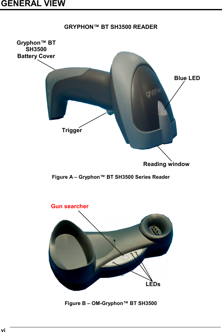  vi   GENERAL VIEW   GRYPHON™ BT SH3500 READER        Figure A – Gryphon™ BT SH3500 Series Reader       Figure B – OM-Gryphon™ BT SH3500  Gun searcher LEDsGryphon™ BT SH3500 Battery Cover TriggerBlue LED Reading window