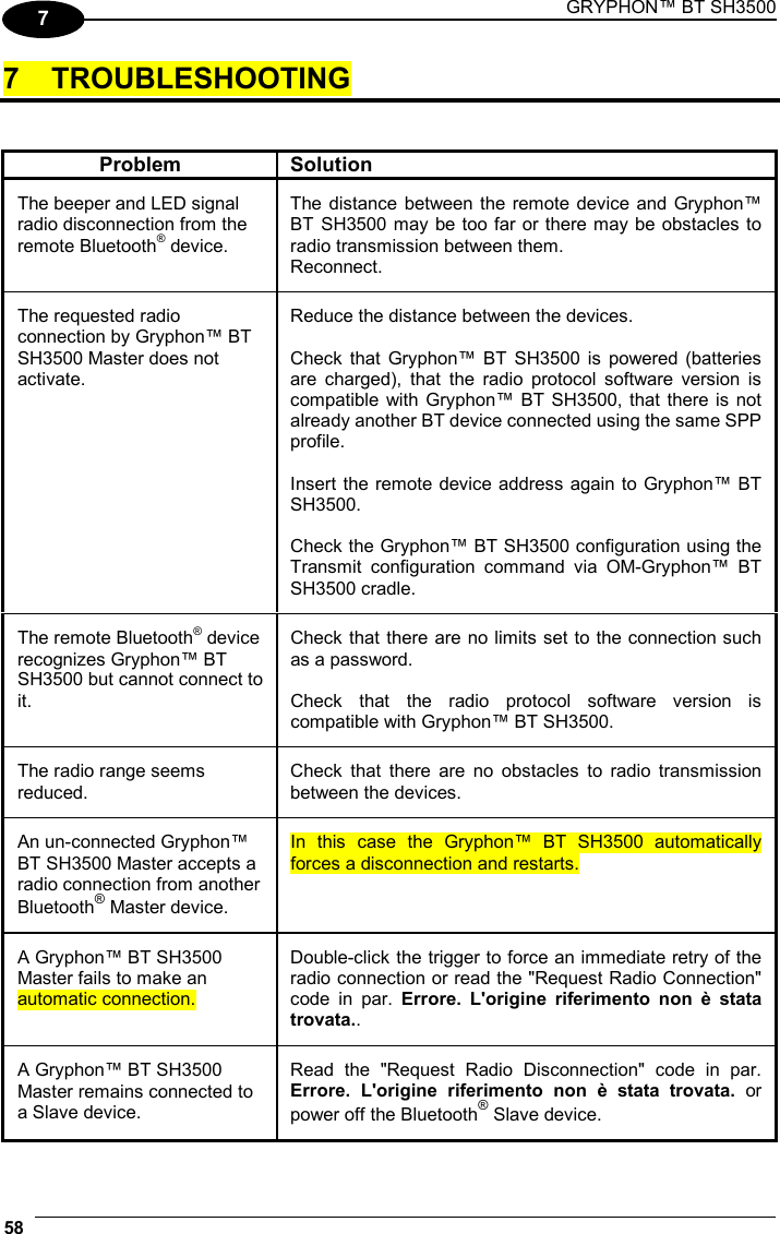 GRYPHON™ BT SH3500 58  7 7 TROUBLESHOOTING   Problem Solution The beeper and LED signal radio disconnection from the remote Bluetooth® device. The distance between the remote device and Gryphon™ BT SH3500 may be too far or there may be obstacles to radio transmission between them. Reconnect. The requested radio connection by Gryphon™ BT SH3500 Master does not activate. Reduce the distance between the devices.  Check that Gryphon™ BT SH3500 is powered (batteries are charged), that the radio protocol software version is compatible with Gryphon™ BT SH3500, that there is not already another BT device connected using the same SPP profile.  Insert the remote device address again to Gryphon™ BT SH3500.  Check the Gryphon™ BT SH3500 configuration using the Transmit configuration command via OM-Gryphon™ BT SH3500 cradle. The remote Bluetooth® device recognizes Gryphon™ BT SH3500 but cannot connect to it. Check that there are no limits set to the connection such as a password.   Check that the radio protocol software version is compatible with Gryphon™ BT SH3500. The radio range seems reduced. Check that there are no obstacles to radio transmission between the devices. An un-connected Gryphon™ BT SH3500 Master accepts a radio connection from another Bluetooth® Master device. In this case the Gryphon™ BT SH3500 automatically forces a disconnection and restarts. A Gryphon™ BT SH3500 Master fails to make an automatic connection. Double-click the trigger to force an immediate retry of the radio connection or read the &quot;Request Radio Connection&quot; code in par. Errore. L&apos;origine riferimento non è stata trovata.. A Gryphon™ BT SH3500 Master remains connected to a Slave device. Read the &quot;Request Radio Disconnection&quot; code in par. Errore. L&apos;origine riferimento non è stata trovata. or power off the Bluetooth® Slave device.  