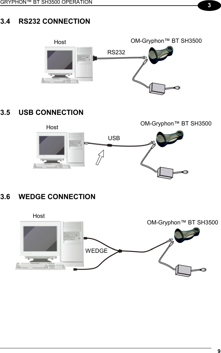 GRYPHON™ BT SH3500 OPERATION 9 3 3.4 RS232 CONNECTION       3.5 USB CONNECTION      3.6 WEDGE CONNECTION       Host  OM-Gryphon™ BT SH3500 RS232 Host  OM-Gryphon™ BT SH3500 USB Host OM-Gryphon™ BT SH3500 WEDGE