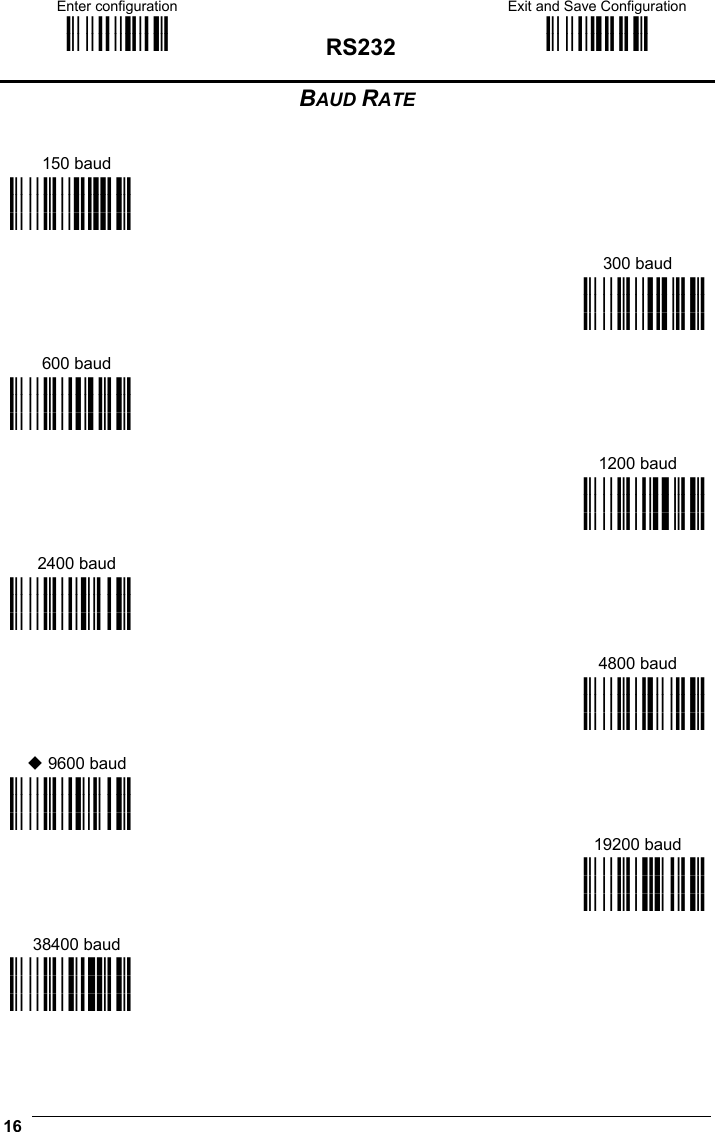 Enter configuration ik ik RS232 Exit and Save Configuration i k i k  16   BAUD RATE    150 baud   i$%6k i$%6k i$%6k       300 baud      600 baud i$%9k i$%9k i$%9k  i$%&lt;k i$%&lt;k i$%&lt;k       1200 baud      2400 baud i$%?k i$%?k i$%?k  i$%Bk i$%Bk i$%Bk       4800 baud       9600 baud i$%Ek i$%Ek i$%Ek  i$%Hk i$%Hk i$%Hk      19200 baud      38400 baud i$%Kk i$%Kk i$%Kk  i$%Nk i$%Nk i$%Nk    