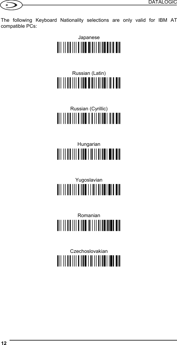 DATALOGIC 12    The following Keyboard Nationality selections are only valid for IBM AT compatible PCs:  Japanese Ì$+FJ8$-=Î    Russian (Latin) Ì$+FJ9$-BÎ    Russian (Cyrillic) Ì$+FJA$-jÎ    Hungarian Ì$+FJB$-oÎ    Yugoslavian Ì$+FJC$-tÎ    Romanian Ì$+FJD$-yÎ    Czechoslovakian Ì$+FJE$-~Î    