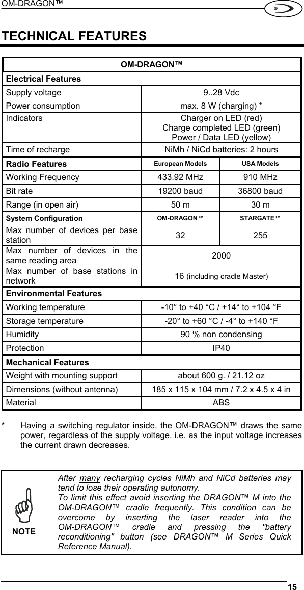 OM-DRAGON™  15   TECHNICAL FEATURES  OM-DRAGON™ Electrical Features Supply voltage  9..28 Vdc Power consumption  max. 8 W (charging) * Indicators  Charger on LED (red) Charge completed LED (green) Power / Data LED (yellow) Time of recharge  NiMh / NiCd batteries: 2 hours Radio Features  European Models  USA Models Working Frequency  433.92 MHz  910 MHz Bit rate  19200 baud  36800 baud Range (in open air)  50 m  30 m System Configuration  OM-DRAGON™ STARGATE™ Max number of devices per base station   32 255 Max number of devices in the same reading area  2000 Max number of base stations in network  16 (including cradle Master) Environmental Features Working temperature  -10° to +40 °C / +14° to +104 °F Storage temperature  -20° to +60 °C / -4° to +140 °F Humidity  90 % non condensing Protection IP40 Mechanical Features Weight with mounting support  about 600 g. / 21.12 oz Dimensions (without antenna)  185 x 115 x 104 mm / 7.2 x 4.5 x 4 in Material ABS  *  Having a switching regulator inside, the OM-DRAGON™ draws the same power, regardless of the supply voltage. i.e. as the input voltage increases the current drawn decreases.    NOTE After many recharging cycles NiMh and NiCd batteries may tend to lose their operating autonomy. To limit this effect avoid inserting the DRAGON™ M into the OM-DRAGON™ cradle frequently. This condition can be overcome by inserting the laser reader into the  OM-DRAGON™ cradle and pressing the &quot;battery reconditioning&quot; button (see DRAGON™ M Series Quick Reference Manual). 