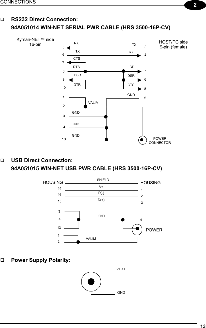 CONNECTIONS 13  2   RS232 Direct Connection: 94A051014 WIN-NET SERIAL PWR CABLE (HRS 3500-16P-CV)  RXTX 36 25 1CTSKyman-NET™ side 16-pin  HOST/PC side 9-pin (female) 687 8 9 10 51 2 3 4 13 TX RXRTS CDDSR DSRDTR CTSGNDVALIMGNDGNDGND POWER CONNECTOR      USB Direct Connection: 94A051015 WIN-NET USB PWR CABLE (HRS 3500-16P-CV)  HOUSING1D(+) 23D(-)V+ SHIELD 16 15 HOUSING 14 4 13 3 2 1 4POWERGNDVALIM      Power Supply Polarity: GNDVEXT 