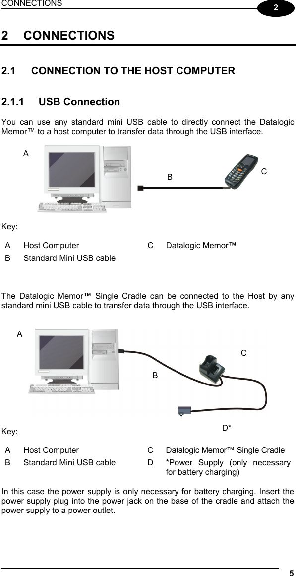 CONNECTIONS 5  2 2 CONNECTIONS   2.1  CONNECTION TO THE HOST COMPUTER   2.1.1 USB Connection  You can use any standard mini USB cable to directly connect the Datalogic Memor™ to a host computer to transfer data through the USB interface.    Key: A  Host Computer  C  Datalogic Memor™ B  Standard Mini USB cable      The Datalogic Memor™ Single Cradle can be connected to the Host by any standard mini USB cable to transfer data through the USB interface.     Key: A  Host Computer  C  Datalogic Memor™ Single Cradle B  Standard Mini USB cable  D  *Power Supply (only necessary for battery charging)  In this case the power supply is only necessary for battery charging. Insert the power supply plug into the power jack on the base of the cradle and attach the power supply to a power outlet.  ABCBD*CA