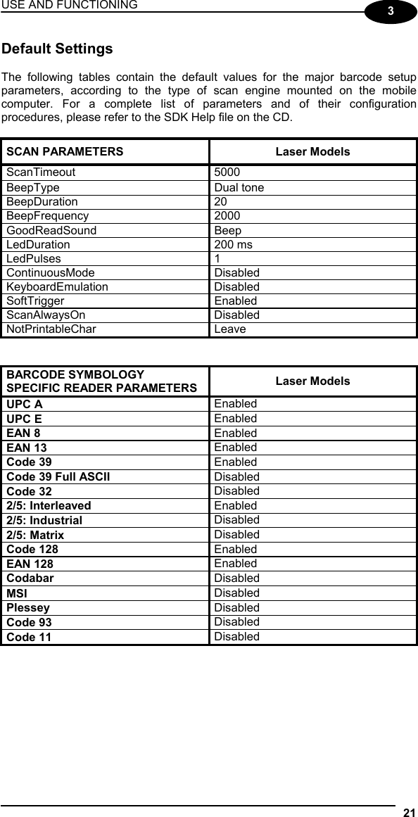 USE AND FUNCTIONING 21  3 Default Settings  The following tables contain the default values for the major barcode setup parameters, according to the type of scan engine mounted on the mobile computer. For a complete list of parameters and of their configuration procedures, please refer to the SDK Help file on the CD.  SCAN PARAMETERS  Laser Models ScanTimeout 5000 BeepType Dual tone BeepDuration 20 BeepFrequency 2000 GoodReadSound Beep LedDuration 200 ms LedPulses 1 ContinuousMode Disabled KeyboardEmulation Disabled SoftTrigger Enabled ScanAlwaysOn Disabled NotPrintableChar Leave   BARCODE SYMBOLOGY SPECIFIC READER PARAMETERS  Laser Models UPC A  Enabled UPC E  Enabled EAN 8  Enabled EAN 13  Enabled Code 39  Enabled Code 39 Full ASCII  Disabled Code 32  Disabled 2/5: Interleaved  Enabled 2/5: Industrial  Disabled 2/5: Matrix  Disabled Code 128   Enabled EAN 128   Enabled Codabar  Disabled MSI  Disabled Plessey  Disabled Code 93  Disabled Code 11  Disabled         