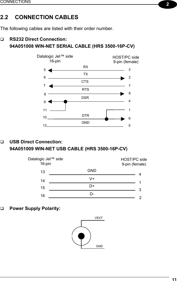 CONNECTIONS 11  2 2.2 CONNECTION CABLES  The following cables are listed with their order number.    RS232 Direct Connection: 94A051008 WIN-NET SERIAL CABLE (HRS 3500-16P-CV)  RXTX 510 13 36 2RTSDSR5 8DTRGND9  4Datalogic Jet™ side16-pin 716CTS8 HOST/PC side9-pin (female) 7 11      USB Direct Connection: 94A051009 WIN-NET USB CABLE (HRS 3500-16P-CV)   Datalogic Jet™ side16-pin  HOST/PC side 9-pin (female) 41D-  32D+ V+ GND15 16 13 14     Power Supply Polarity:  GNDVEXT  