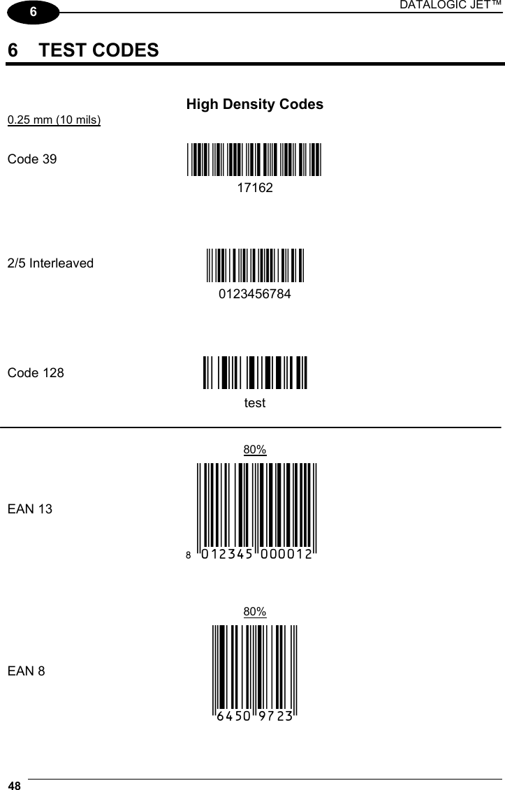 DATALOGIC JET™ 48   6 6 TEST CODES   High Density Codes 0.25 mm (10 mils)      Code 39 !17162H!  17162           2/5 Interleaved Ë&quot;8NduÌ   0123456784               Code 128 ÌtestwÎ  test          80%  EAN 13  x(0B2DE5*KKKKLM(            80%  EAN 8  (6450*TRMN(     